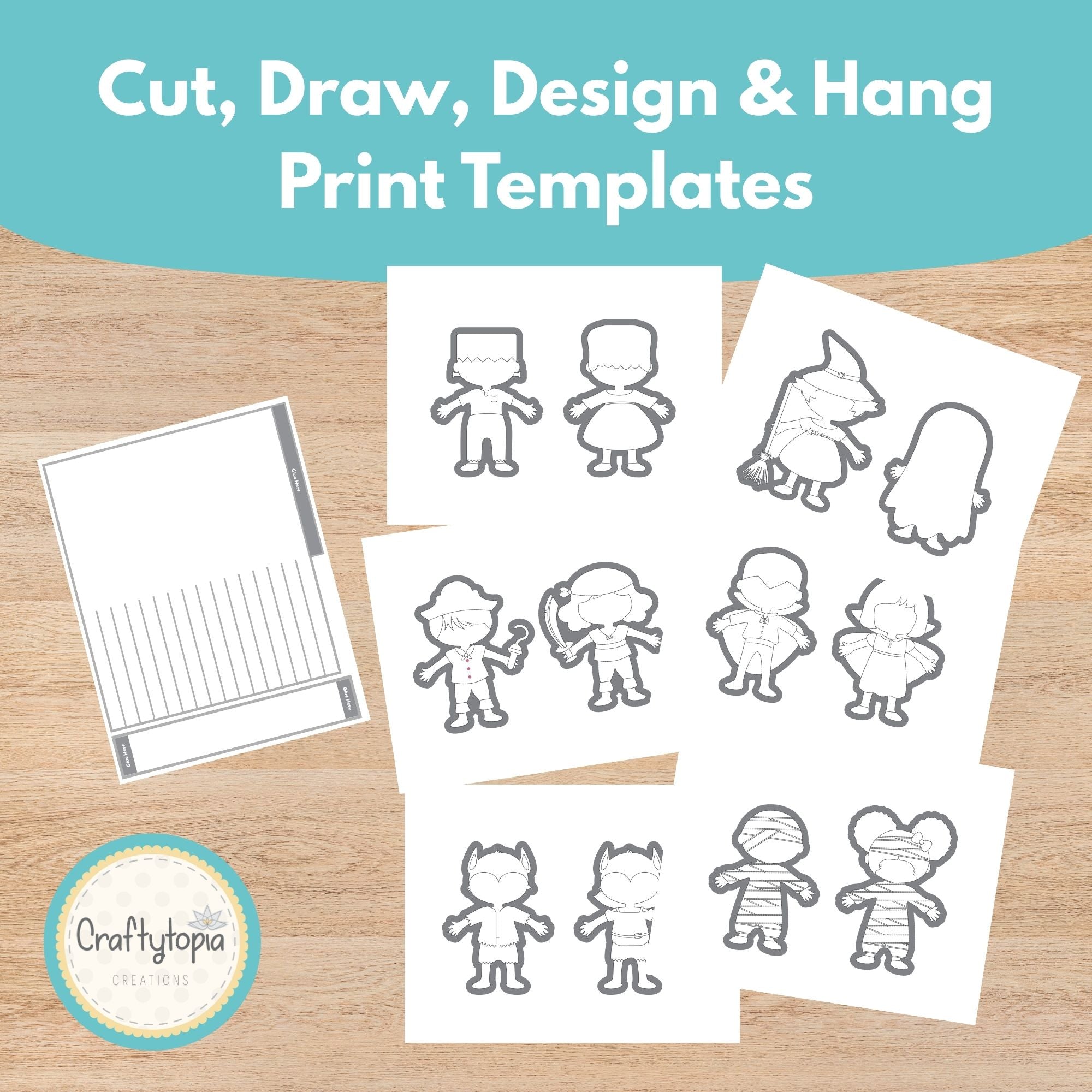 Color Halloween character windsock printable activity for kids