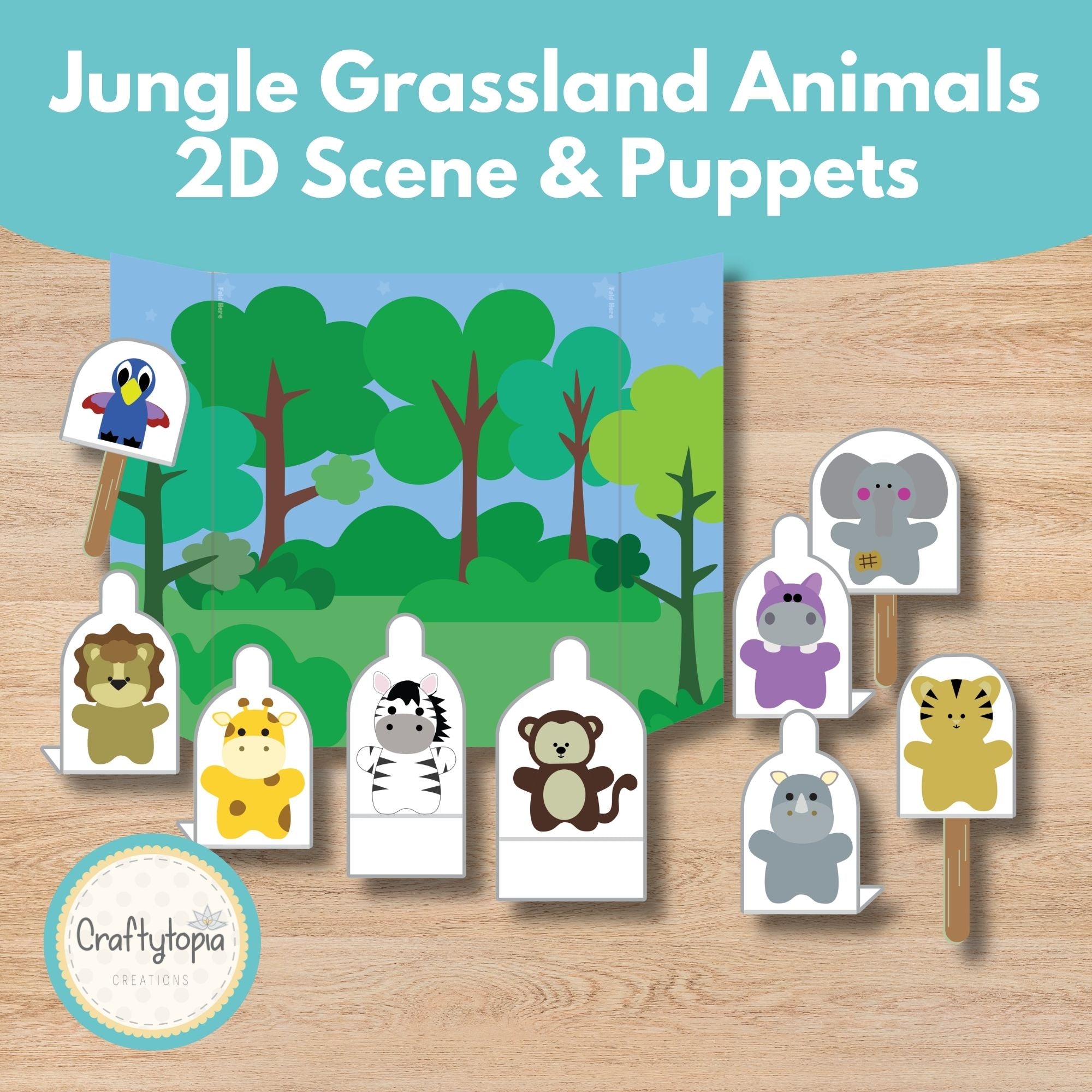 Jungle and grassland animals storytelling scene and puppets printable for kids | Craftytopia Creations