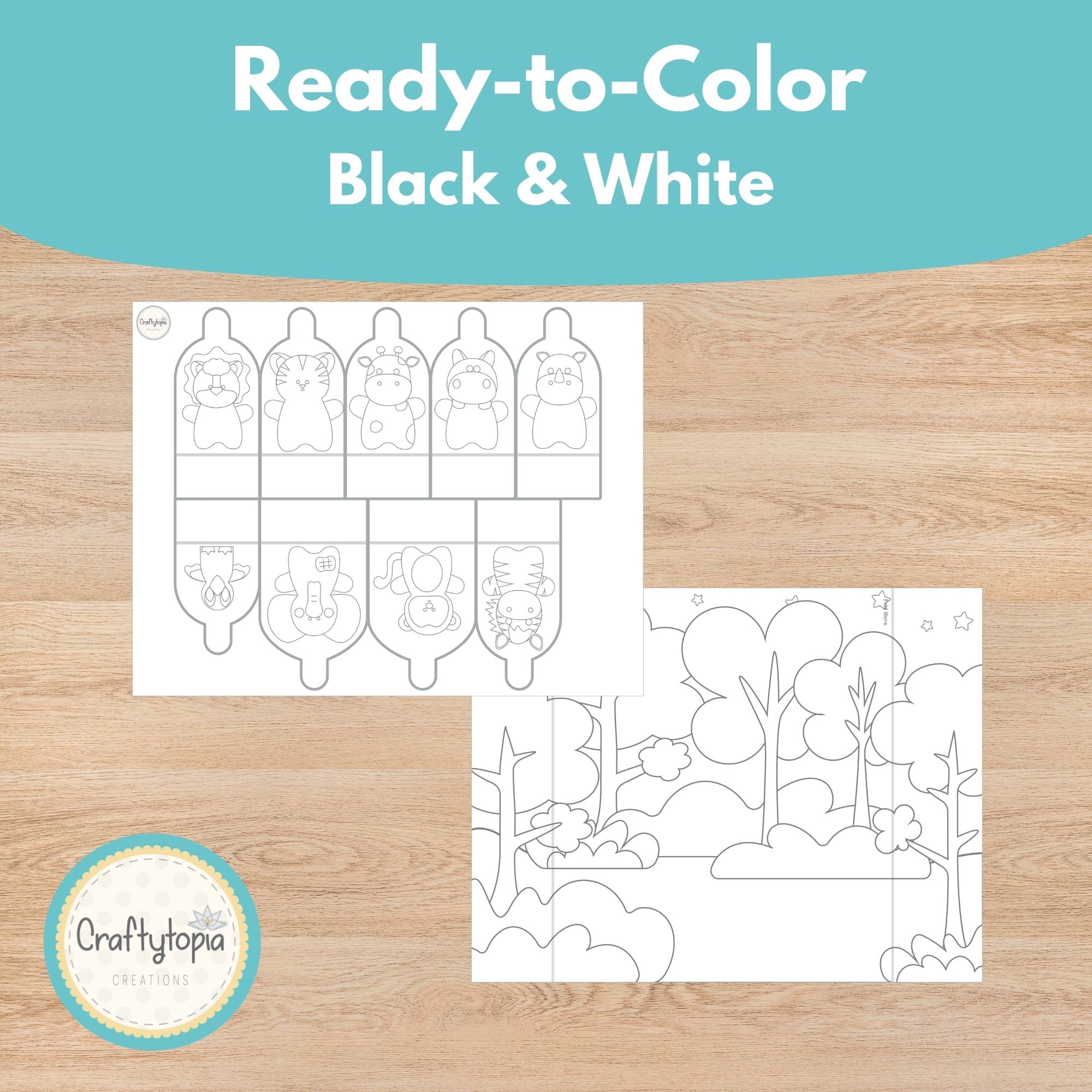 Black and white jungle animal puppets printable coloring activity for kids | Craftytopia Creations