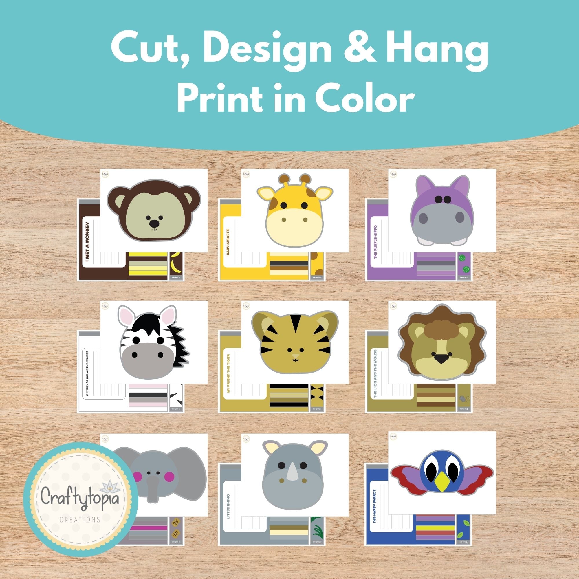 Printable jungle animal windsocks lion tiger giraffe elephant monkey zebra and rhino for kids | Craftytopia Creations