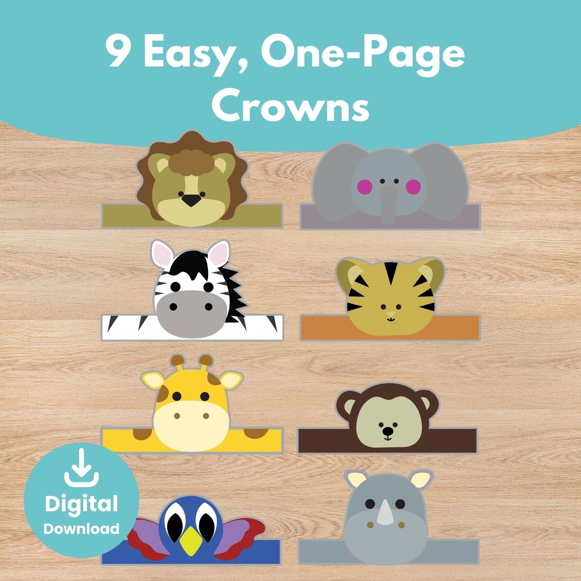 Printable jungle animal crowns lion tiger zebra giraffe elephant monkey and rhino for kids | Craftytopia Creations