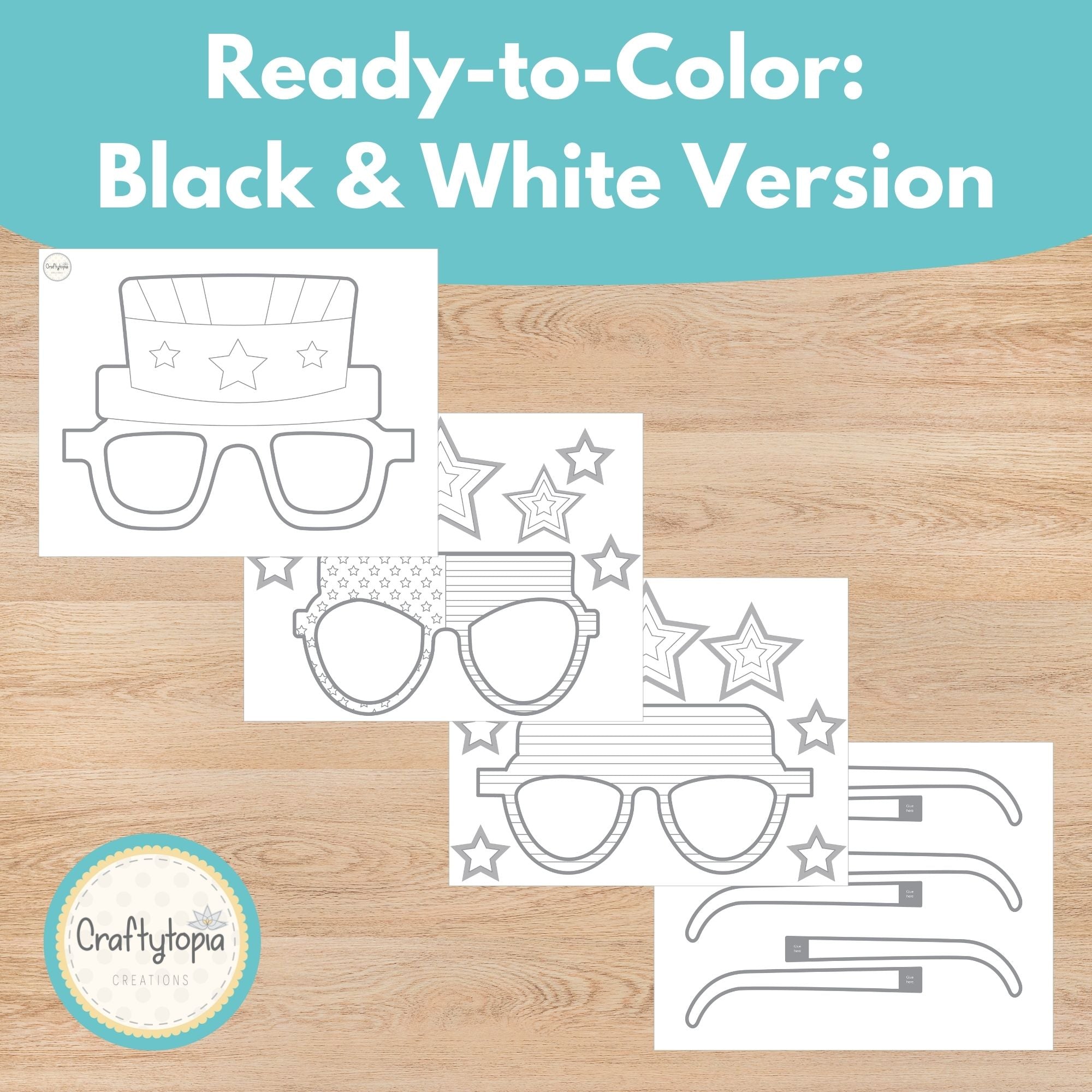 Black and white patriotic giant glasses coloring craft activity for kids | Craftytopia Creations