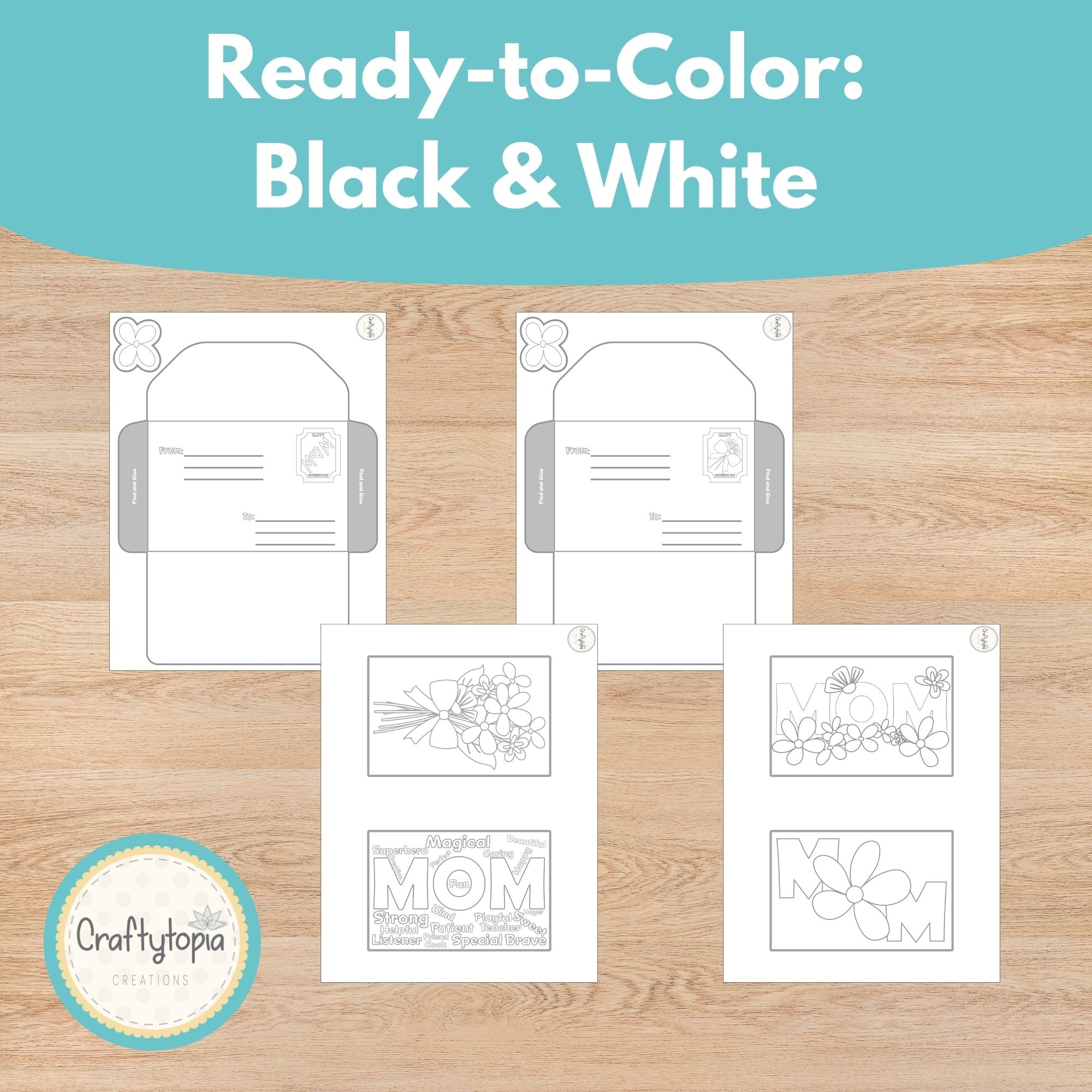 Black and white Mother’s Day card and envelope coloring craft activity for kids | Craftytopia Creations