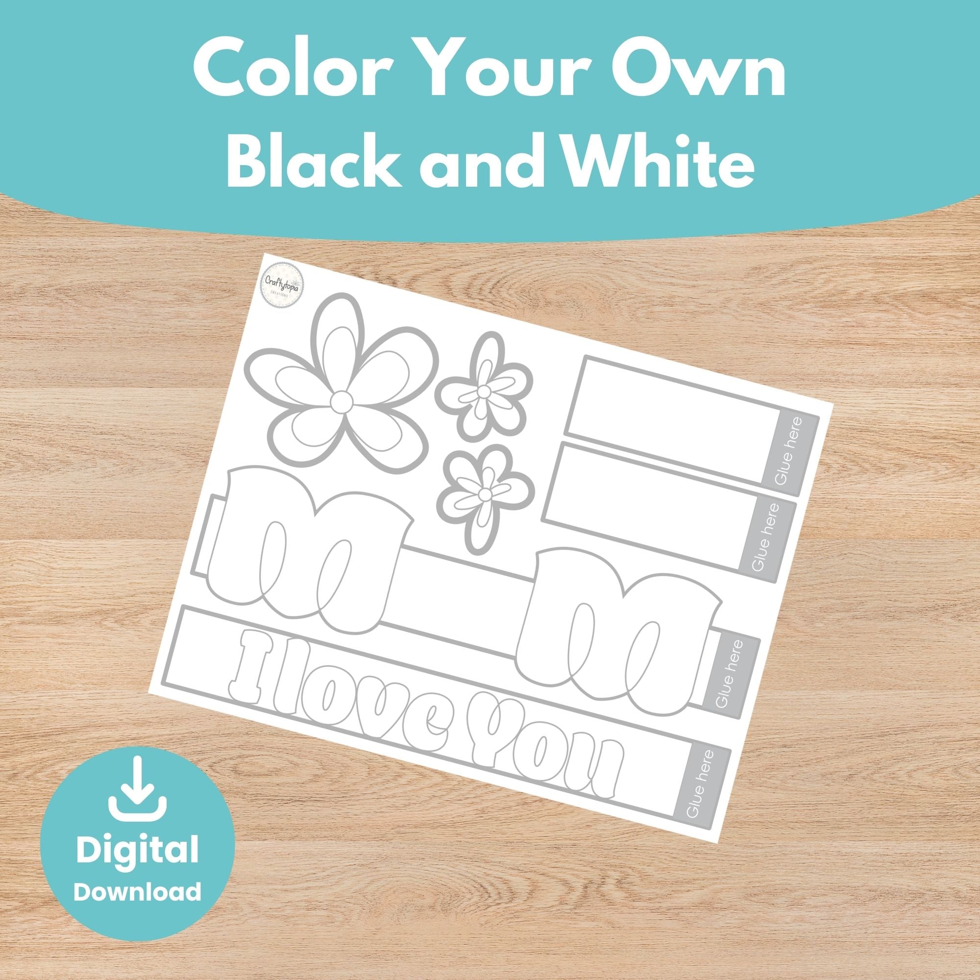 Black and white I Love You Mom crown coloring activity for kids | Craftytopia Creations