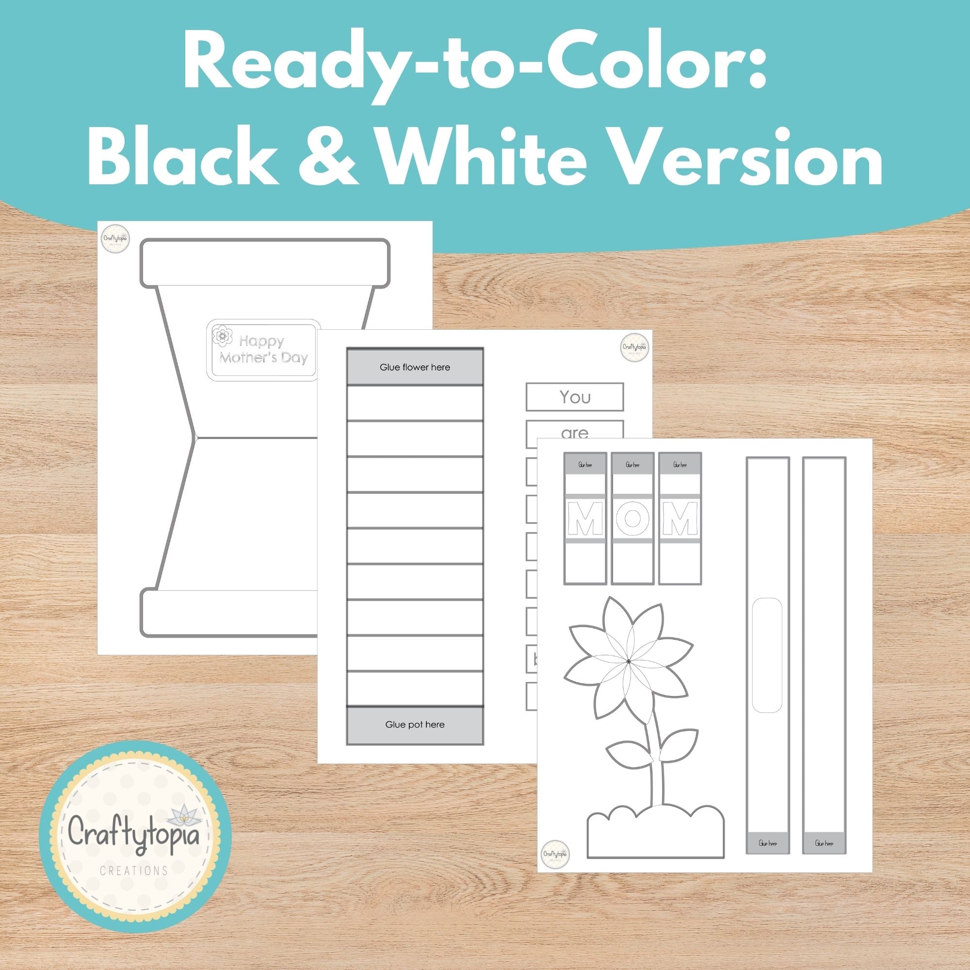 Black and white Mother’s Day flower card coloring craft and writing activity for kids | Craftytopia Creations