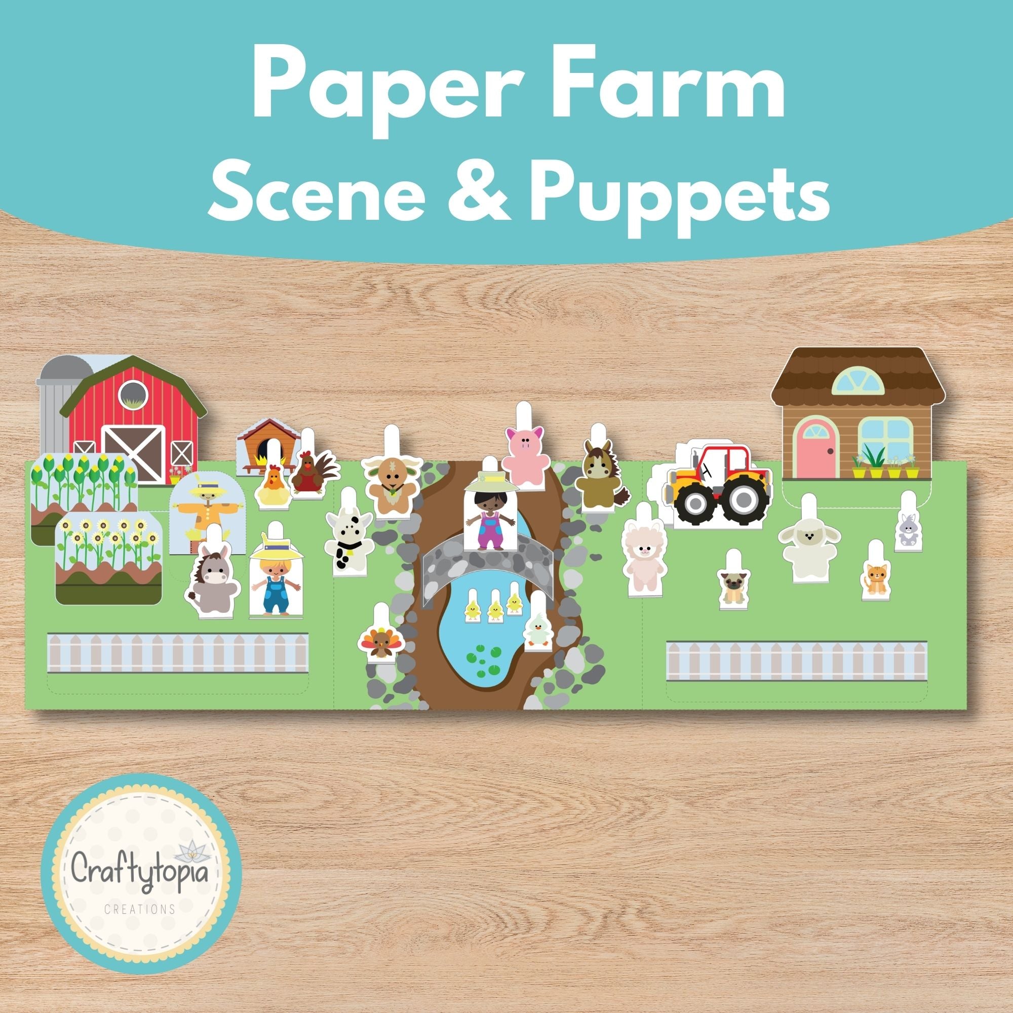 Paper farm storytelling printable activity for kids with farm animals barn tractor and puppets | Craftytopia Creations