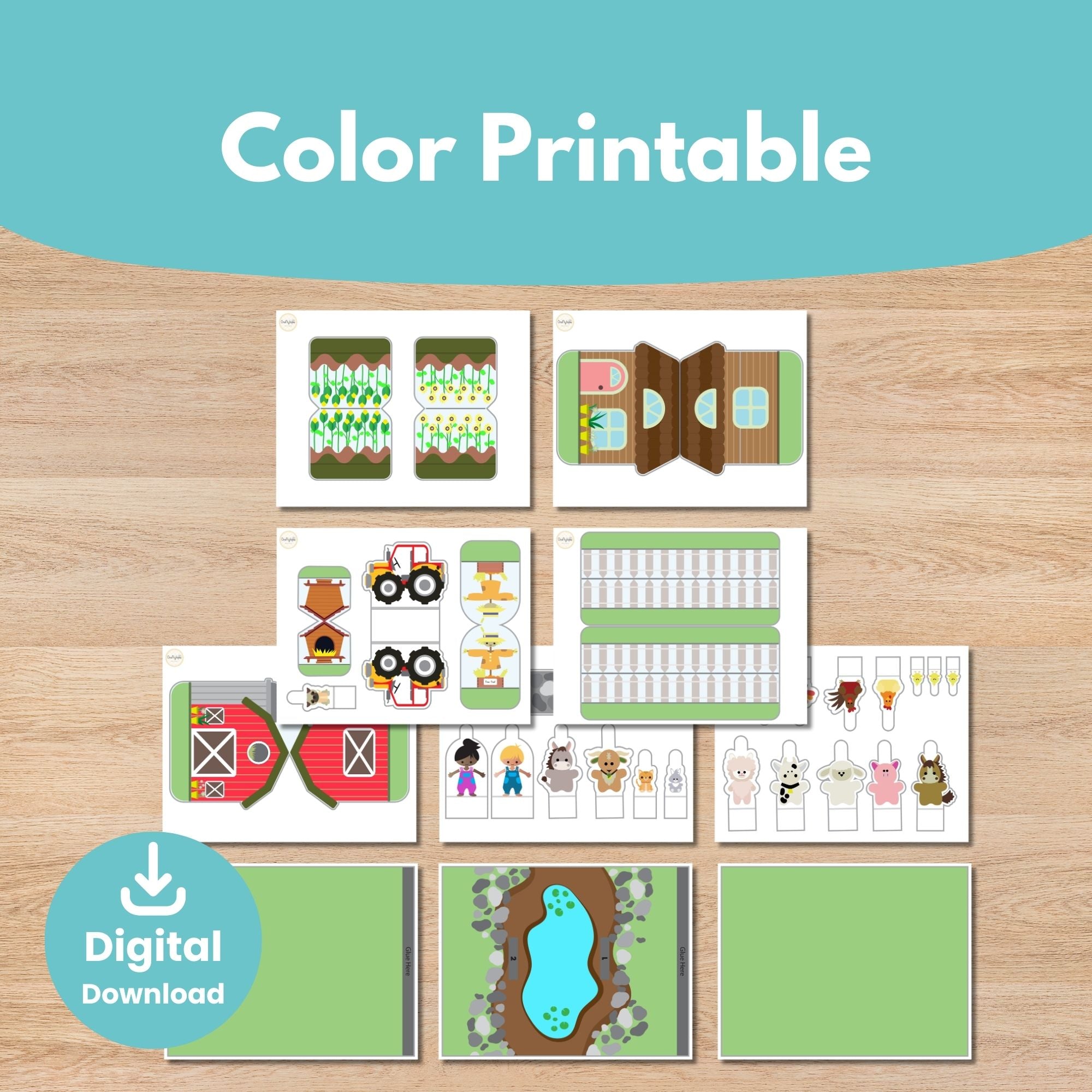 Printable 3D paper farm scene with pond bridge crops and farmhouse for kids storytelling activities | Craftytopia Creations