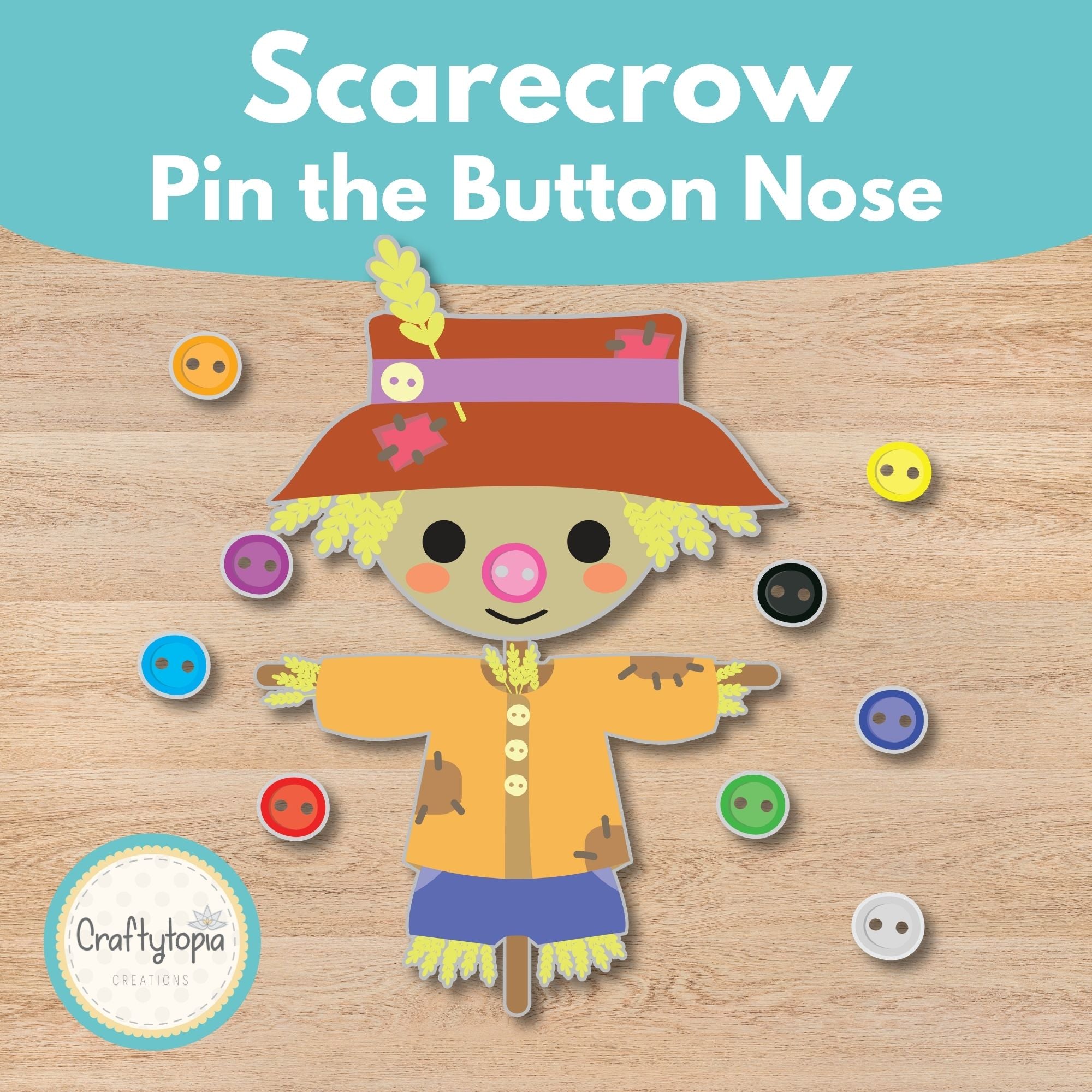 Pin the Button on the Scarecrow printable fall party game for kids | Craftytopia Creations