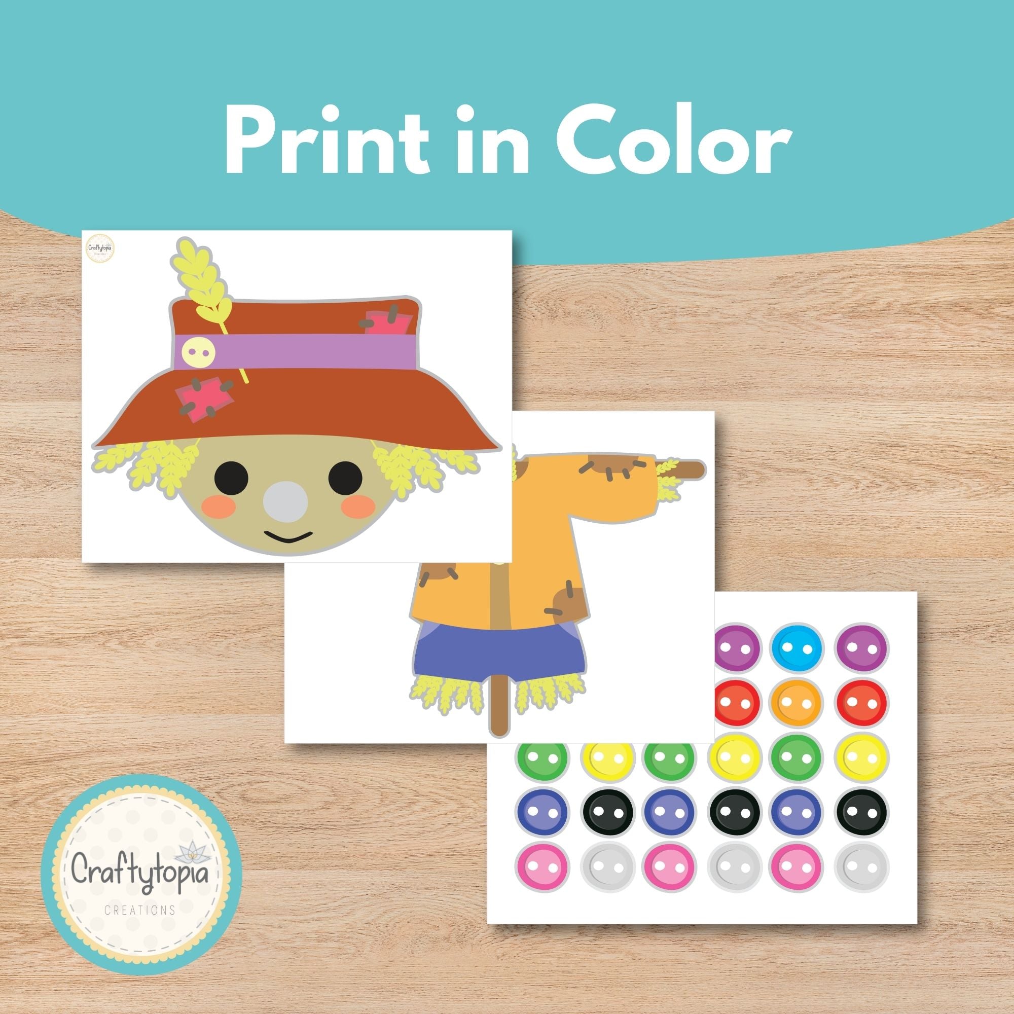 Colorful printable scarecrow game button pieces for kids classroom party activity | Craftytopia Creations