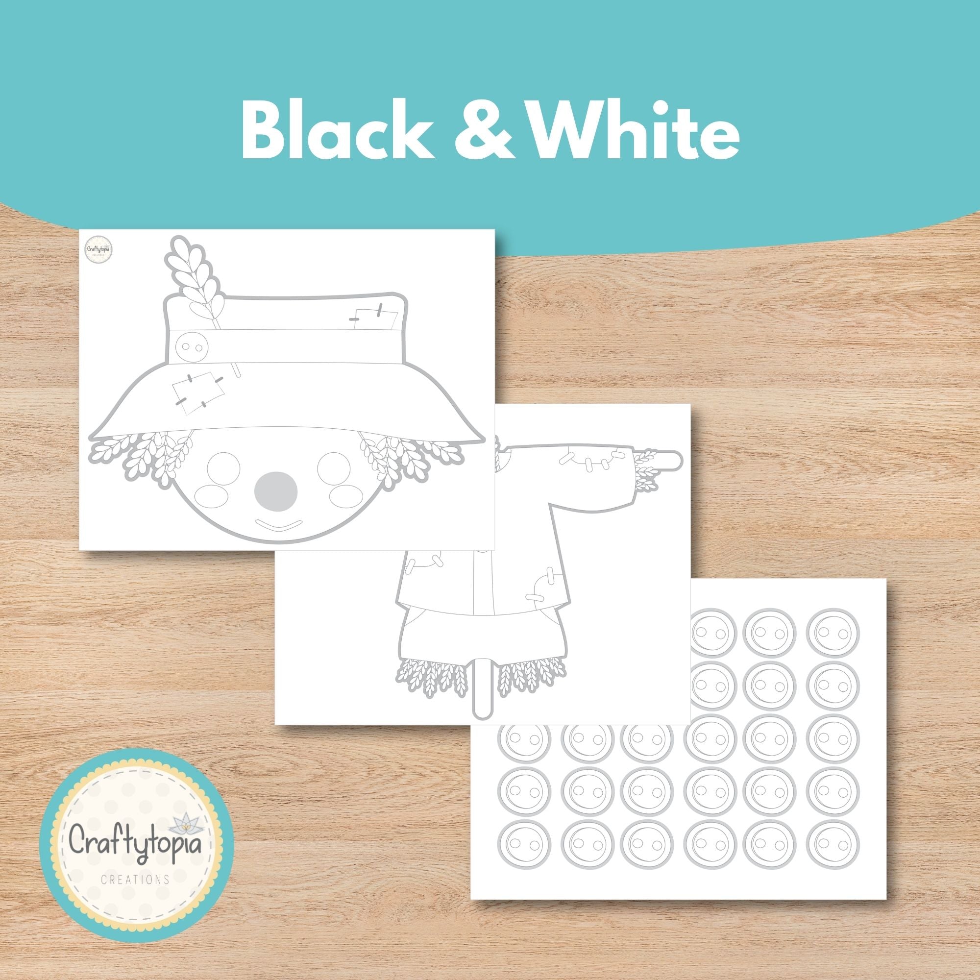 Black and white Pin the Button on the Scarecrow coloring game printable for kids | Craftytopia Creations