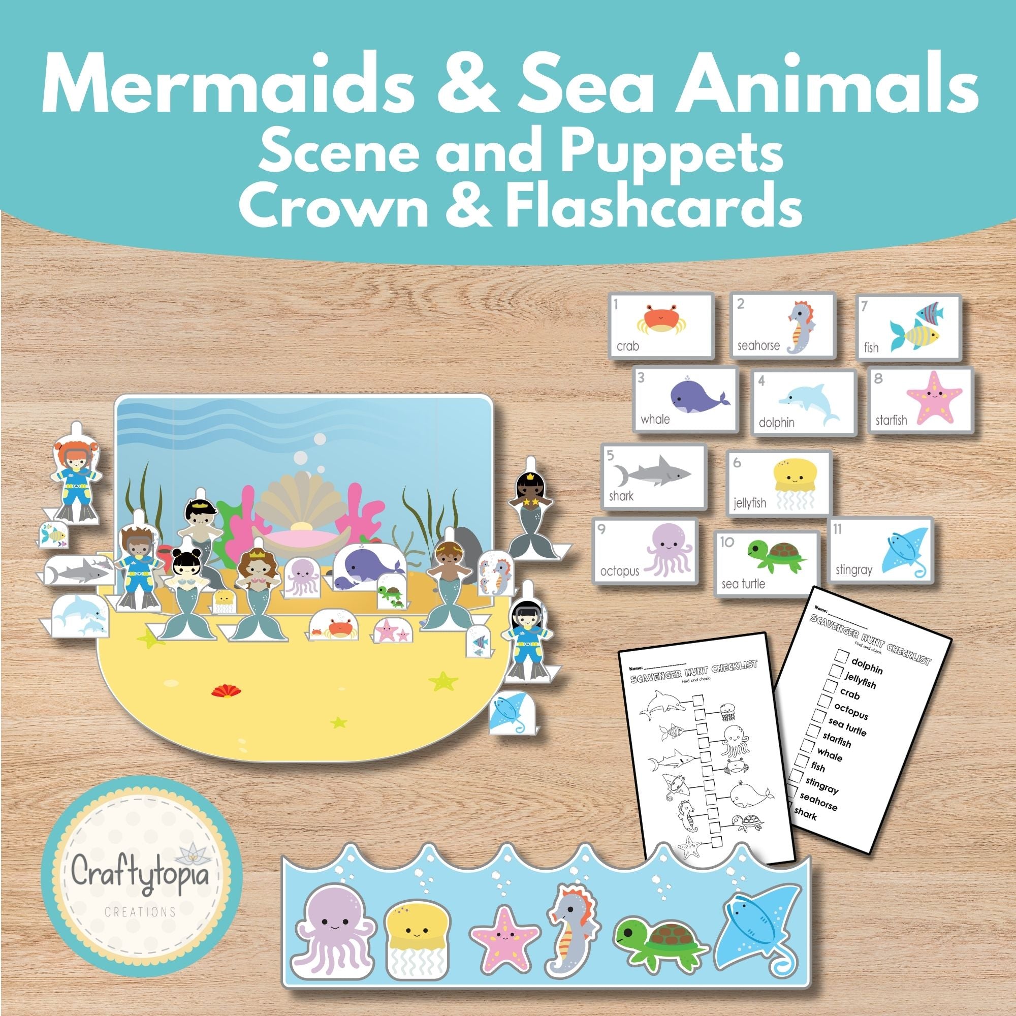 Mermaids and sea animals storytelling printable activity for kids with puppets and ocean scene | Craftytopia Creations