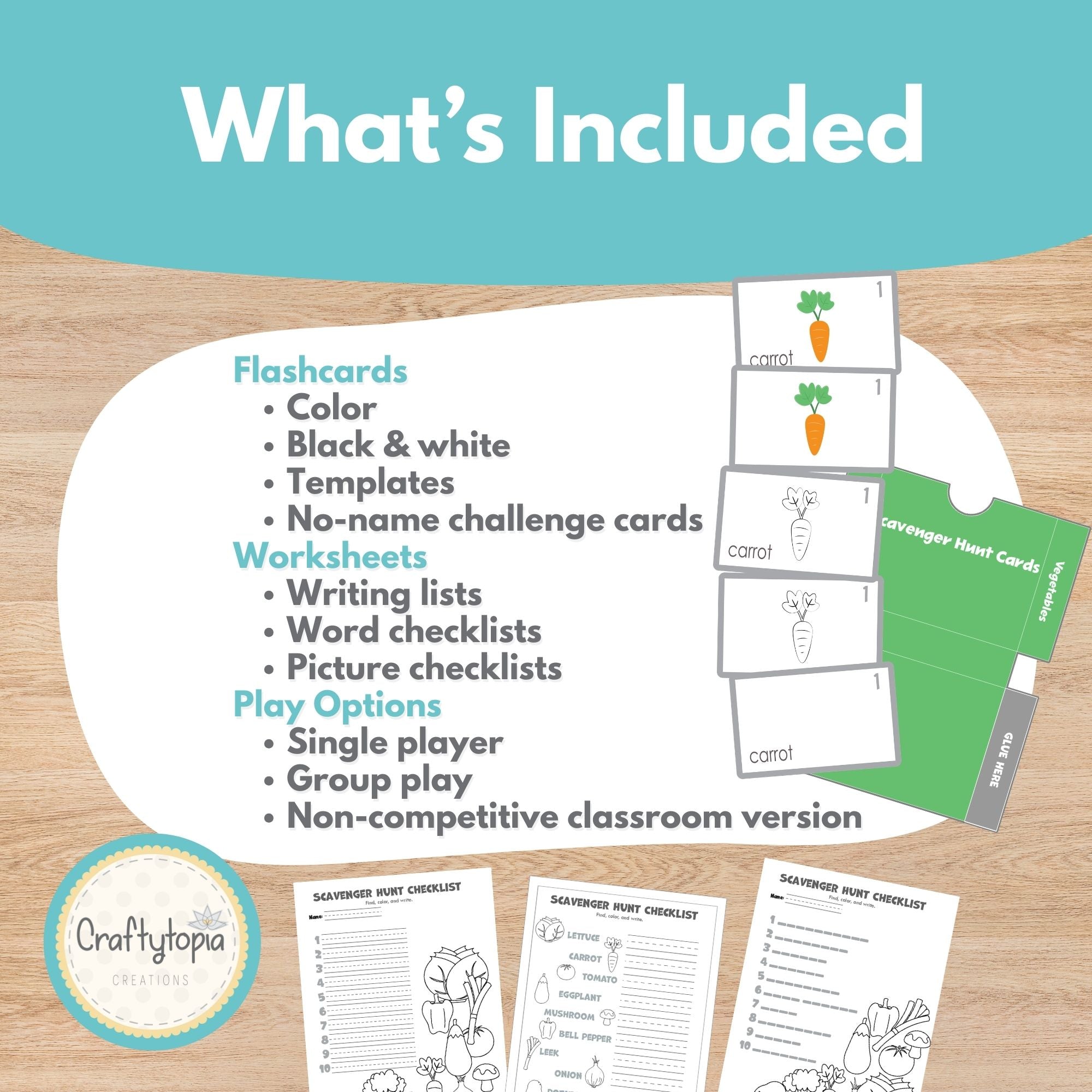 Vegetable scavenger hunt writing list worksheet for Pre-K — find the card and write the vegetable word