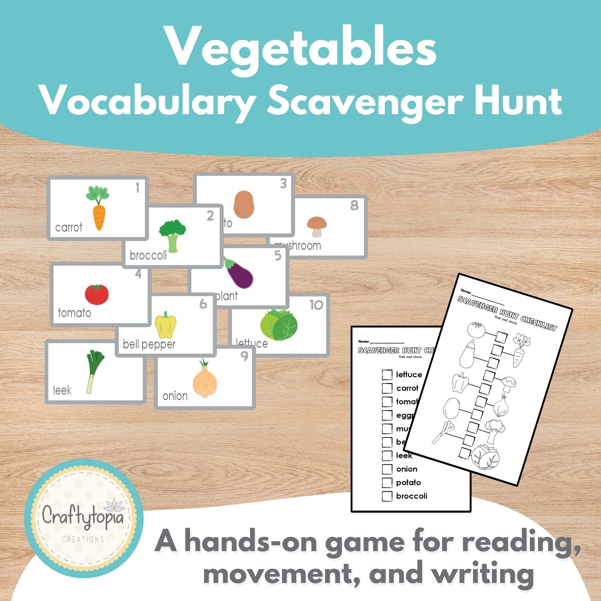 Vegetable scavenger hunt color flashcards for kindergarten — 10 illustrated vegetable vocabulary words including carrot, broccoli, and eggplant