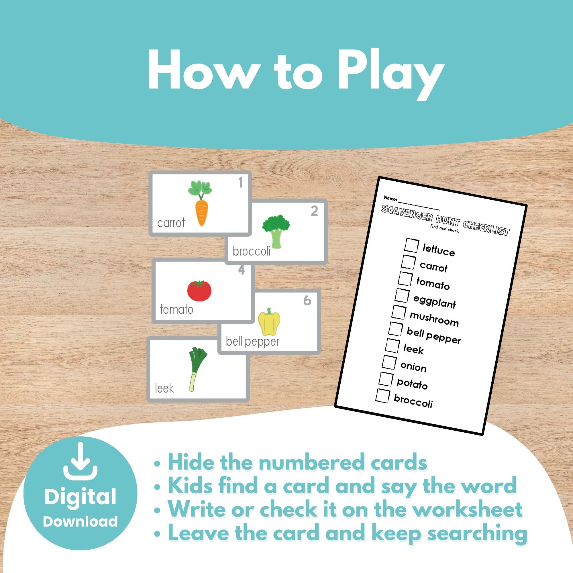 Vegetable scavenger hunt image-only checklist for 1st grade — match each vegetable picture with no text support