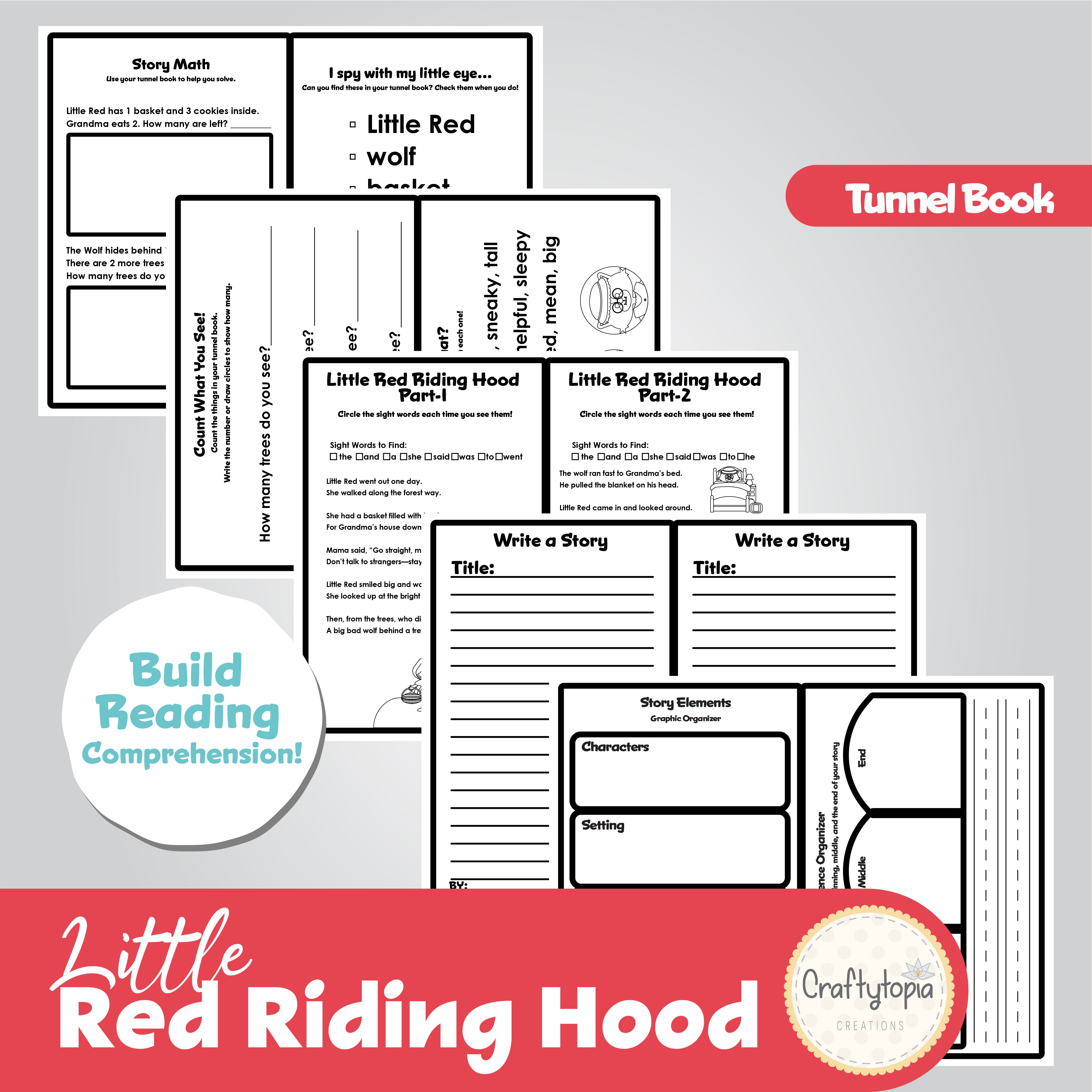 Printable Little Red Riding Hood Tunnel Book 3D Kids Craft Math, Reading, Writing Activities