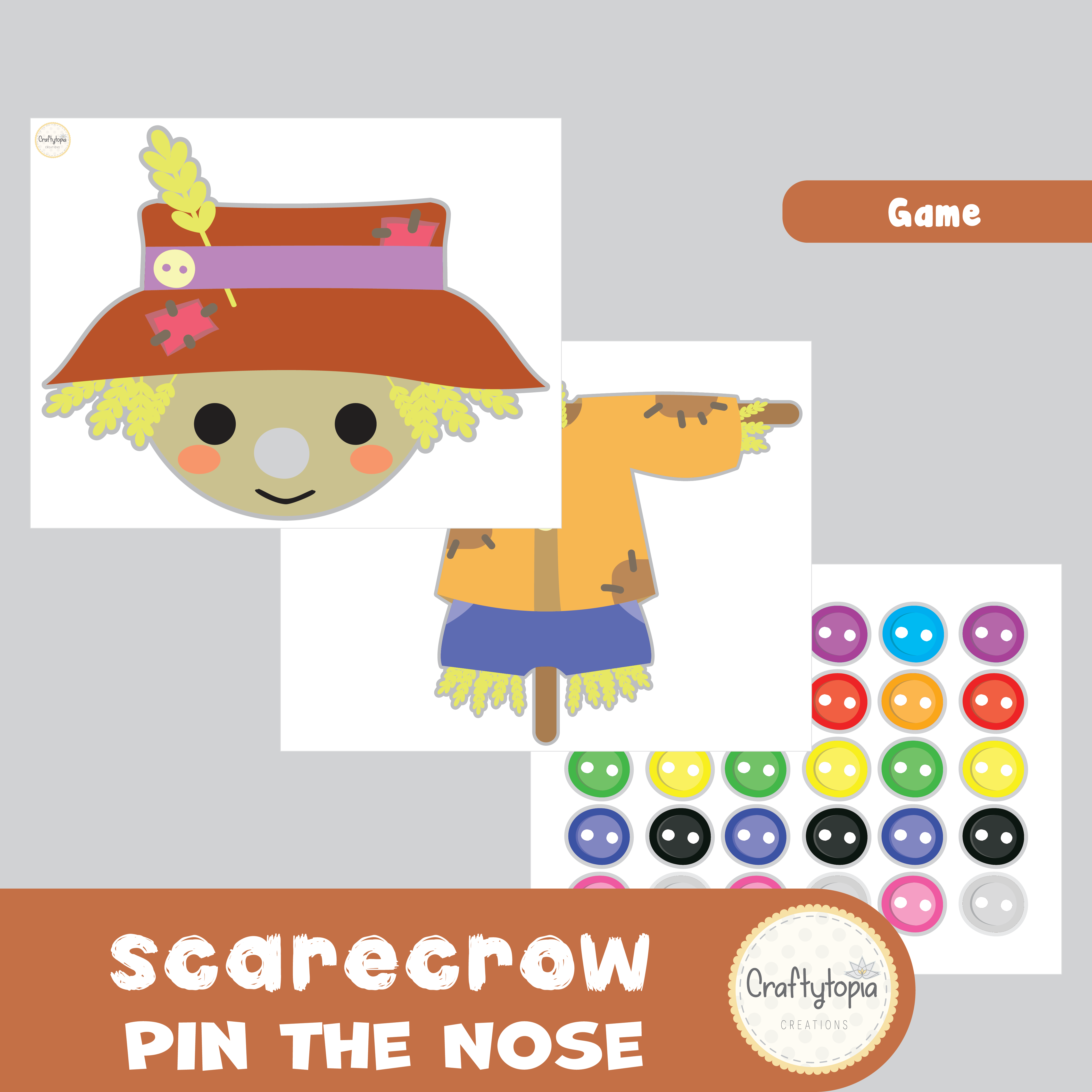 Printable Pin the Button Nose on Scarecrow Game in color
