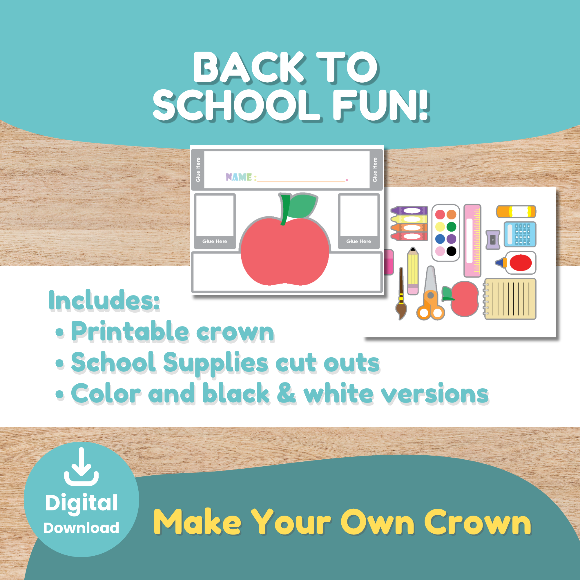 Back to school printable crown craft showing the crown template and school supply cutouts, with color and black-and-white versions. Hands-on cut and paste activity for kids.