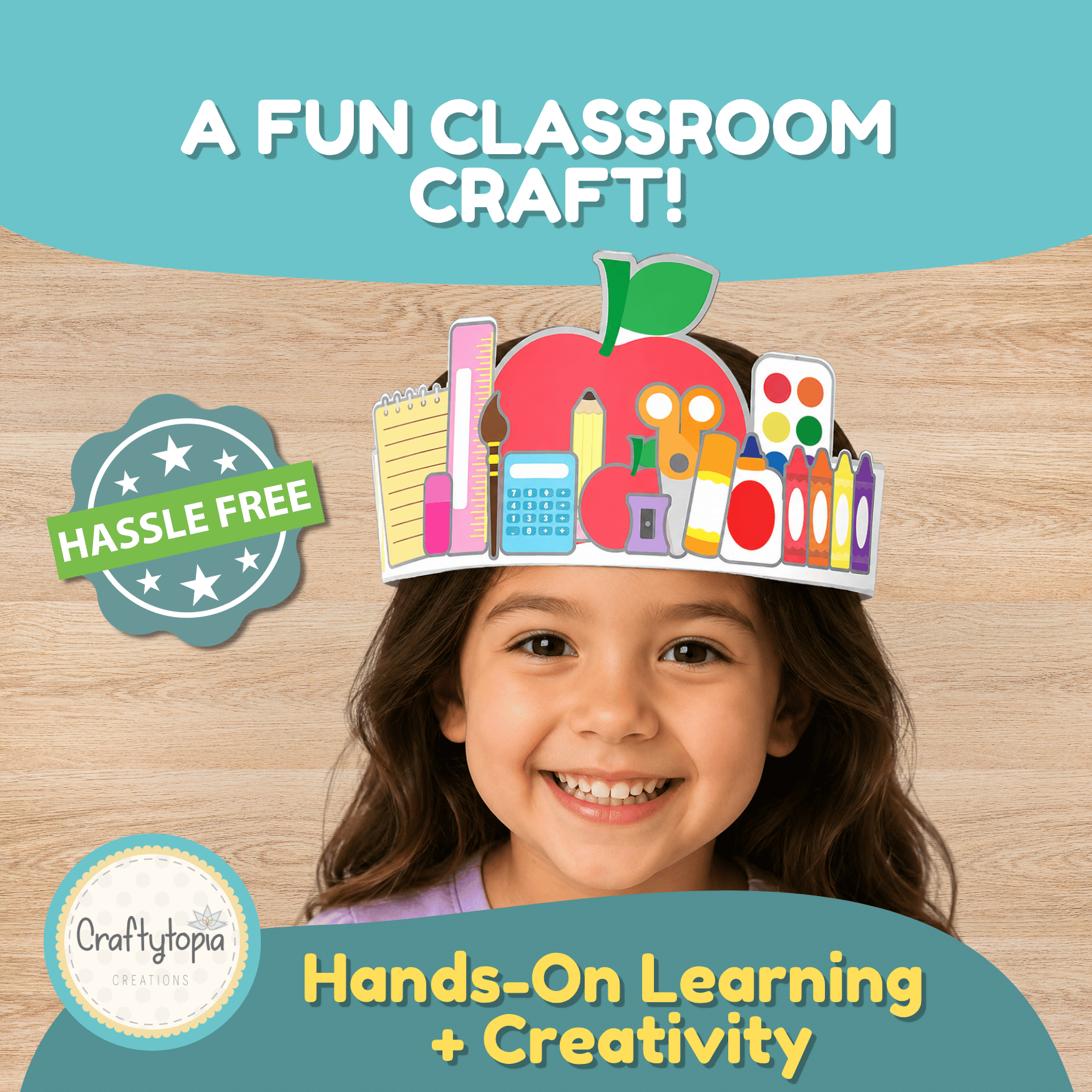 School supplies printable cut and paste crown craft with pencils, scissors, crayons, paint, ruler, calculator, and apple