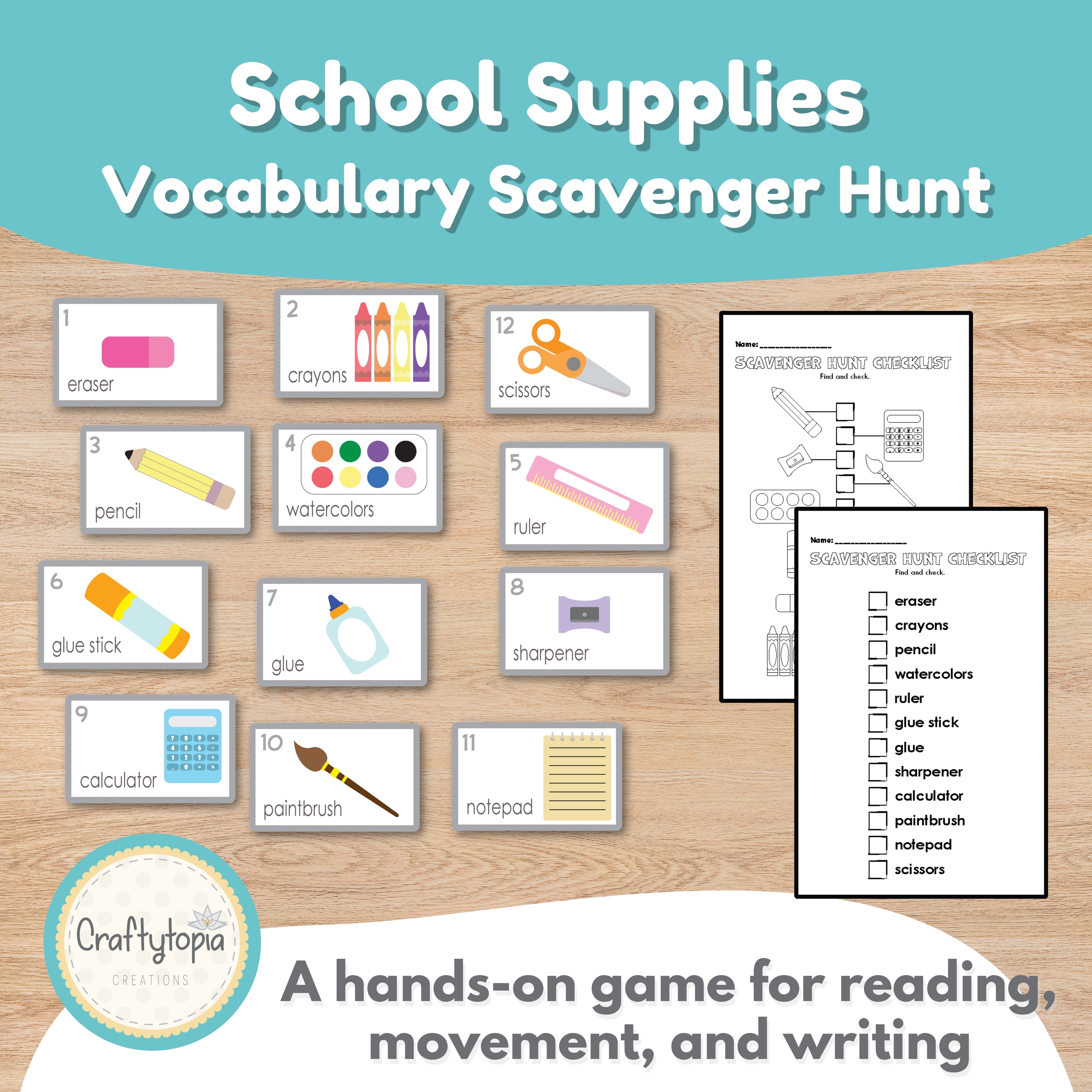 School supplies scavenger hunt color flashcards for kindergarten — 12 illustrated classroom vocabulary cards including scissors, ruler, and calculator