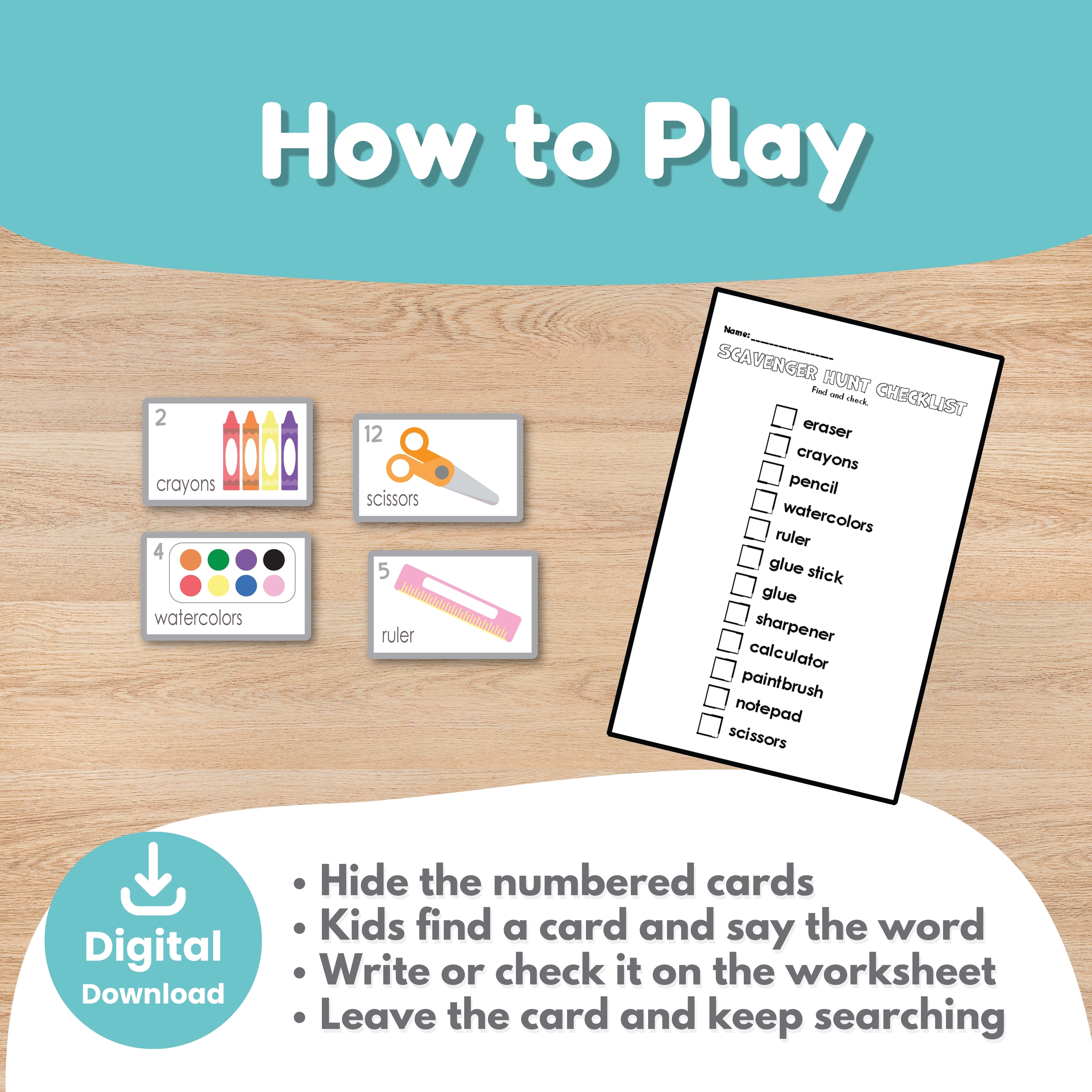 School supplies scavenger hunt image-only checklist for 1st grade — match pencil, crayons, and paintbrush by picture