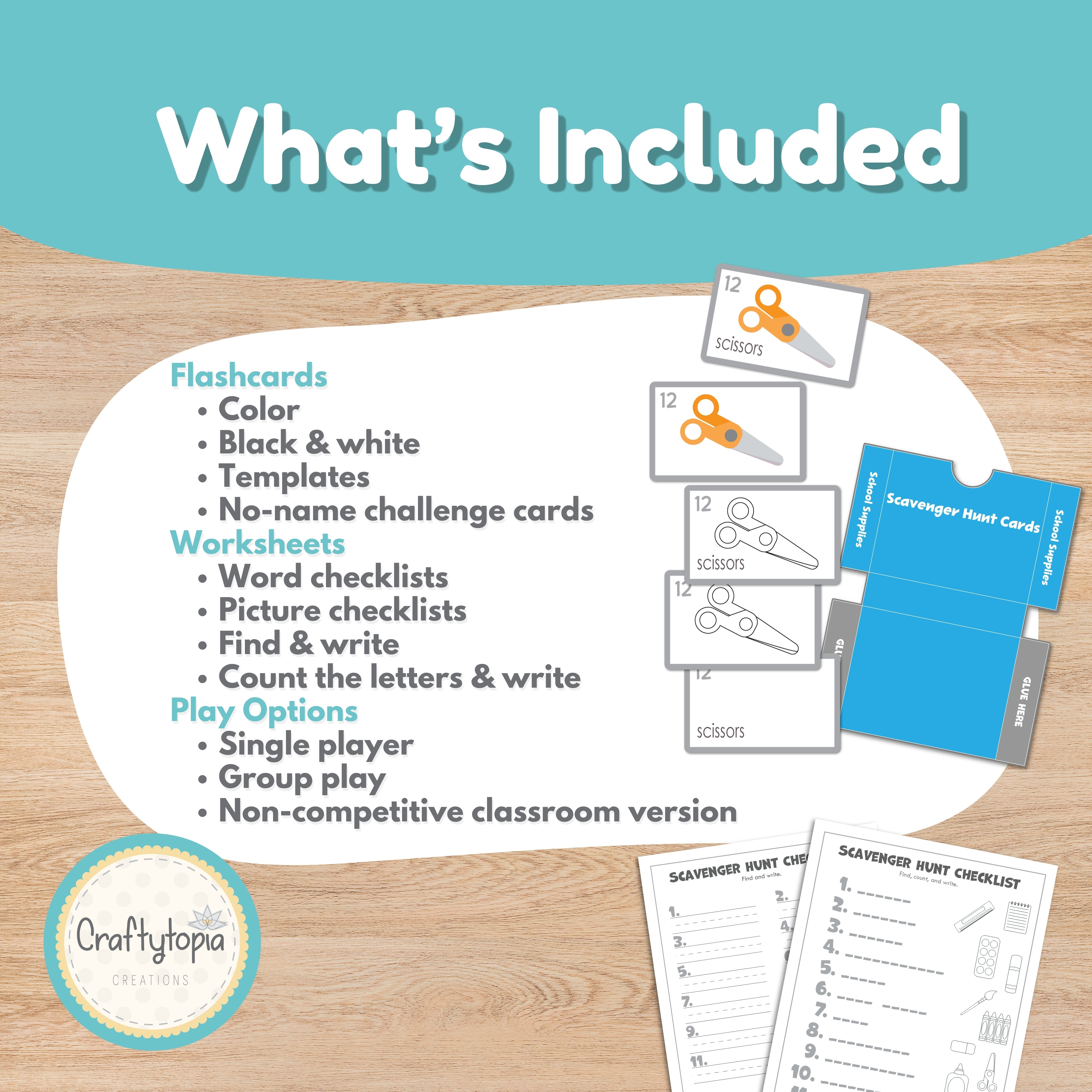 School supplies scavenger hunt writing list worksheet for Pre-K — find the card and write the supply word