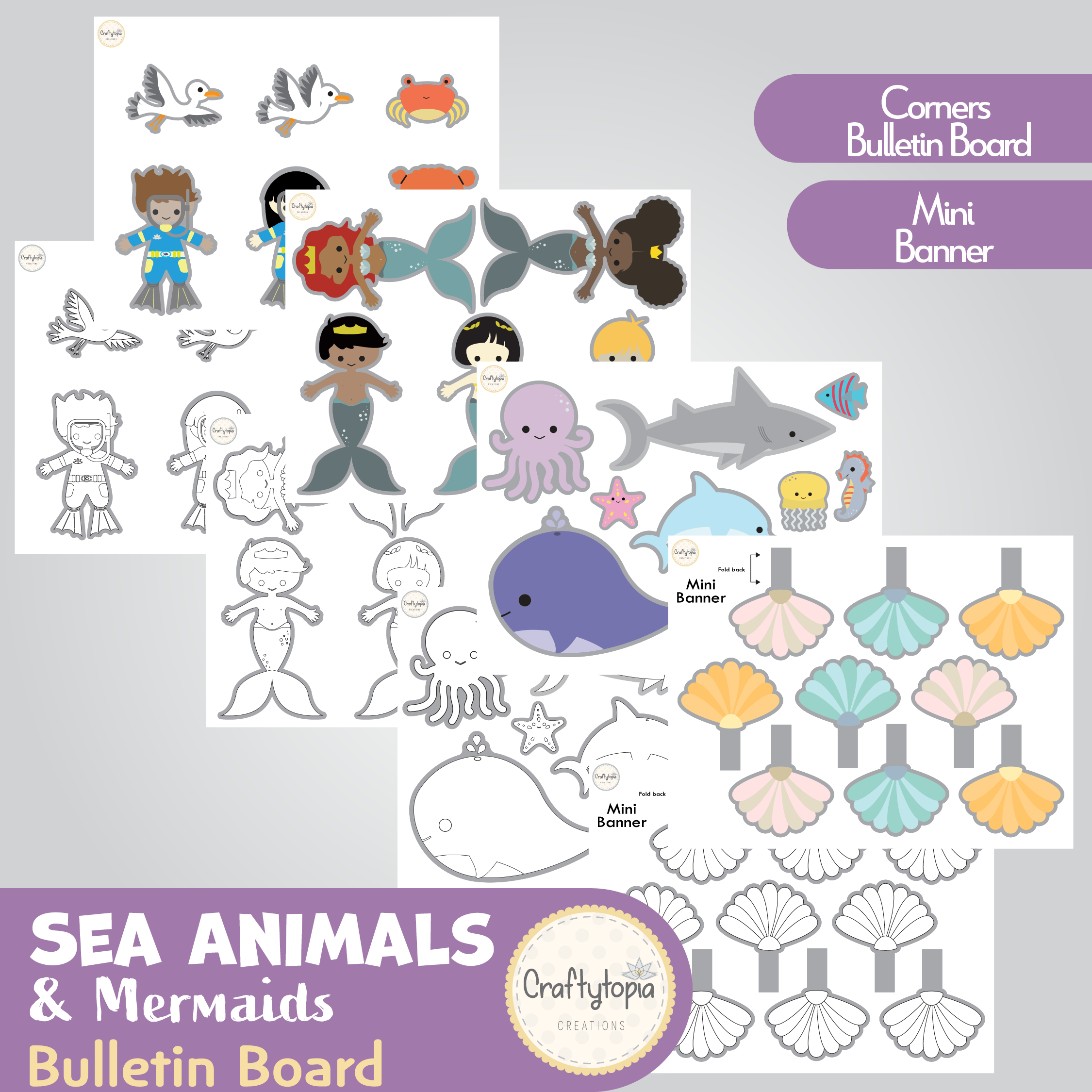 Printable Sea Animals and Mermaids Bulletin Board for coloring
