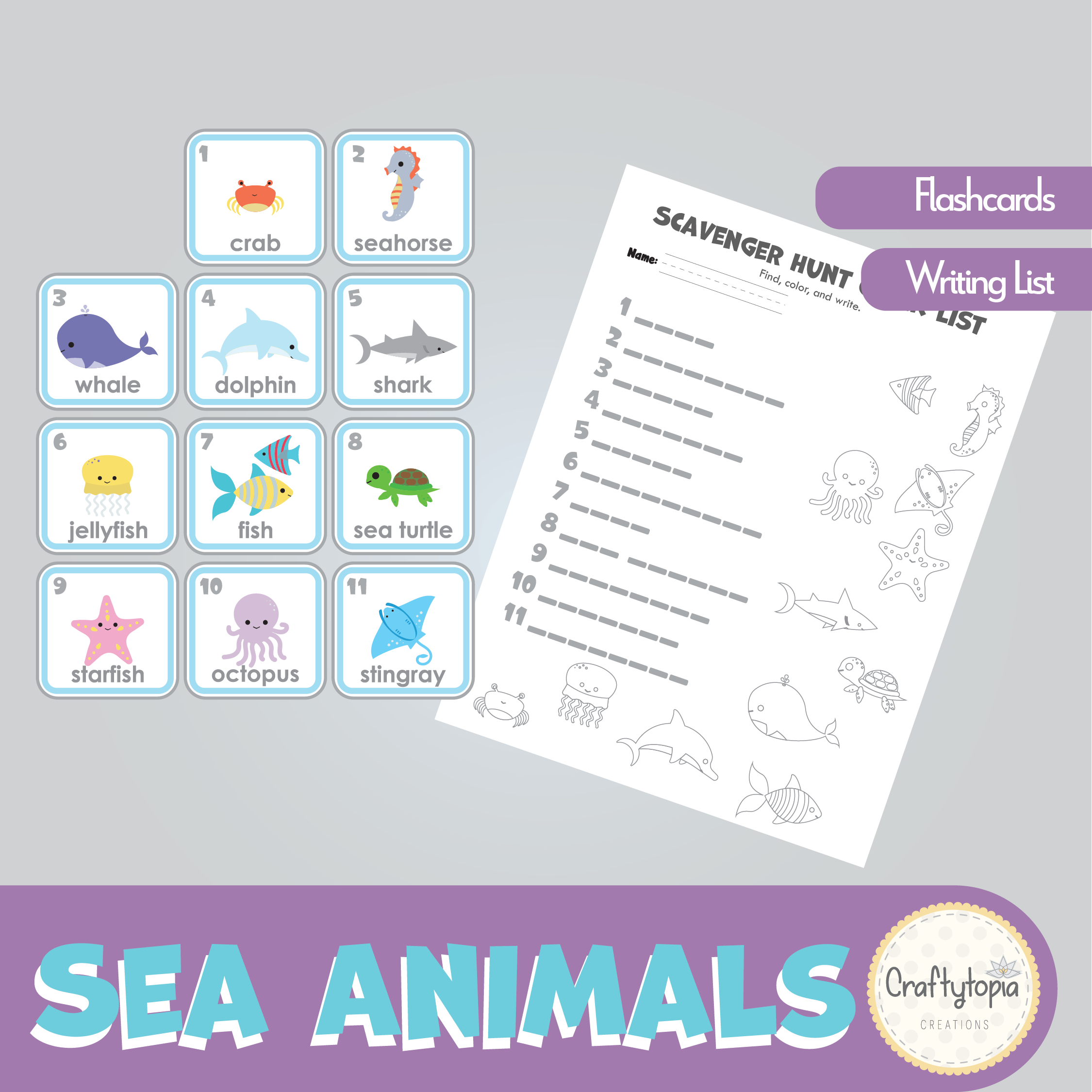 Printable Sea Animals and Mermaids Flashcards Scavenger Hunt Kids Activity