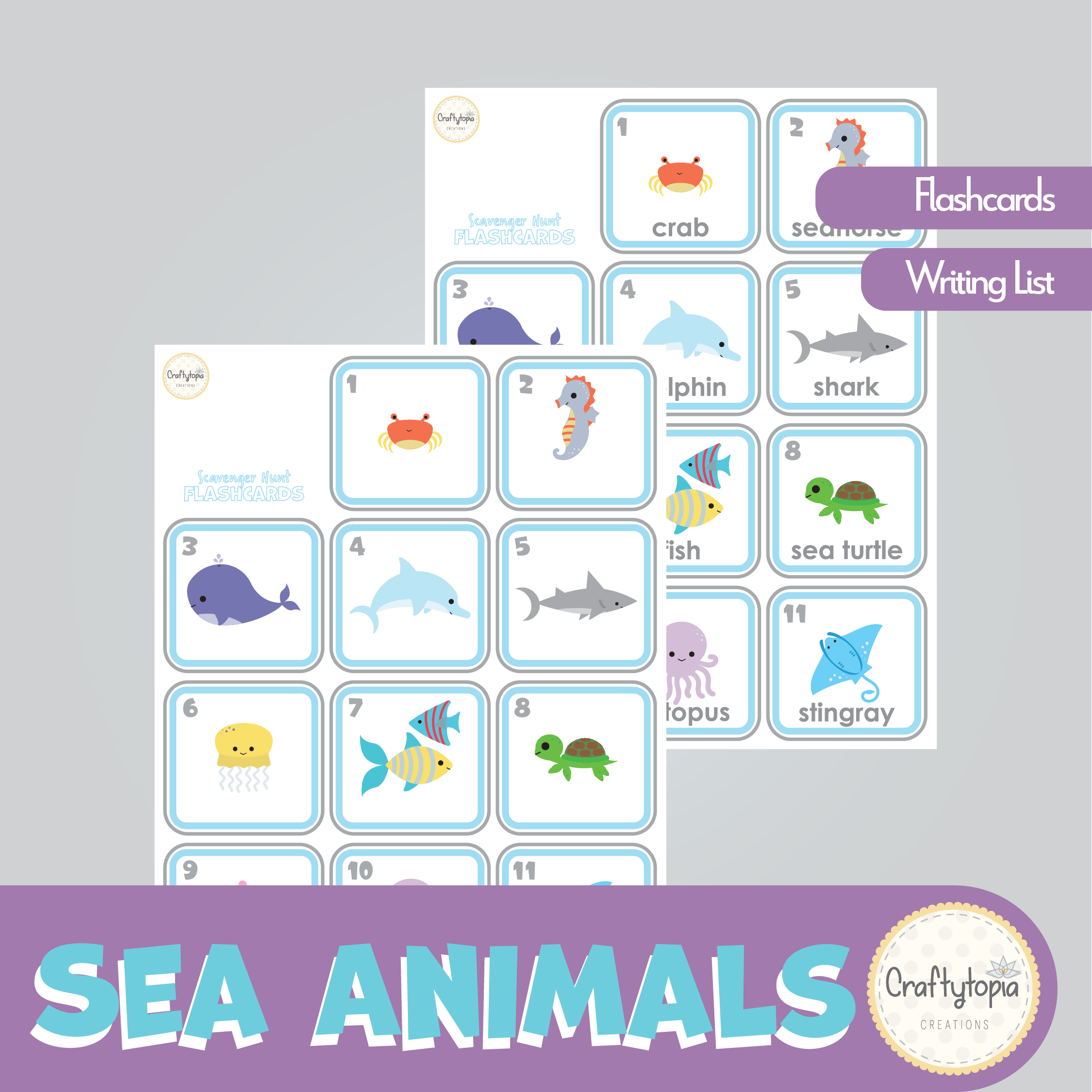 Printable Sea Animals and Mermaids Flashcards Scavenger Hunt Kids Activity