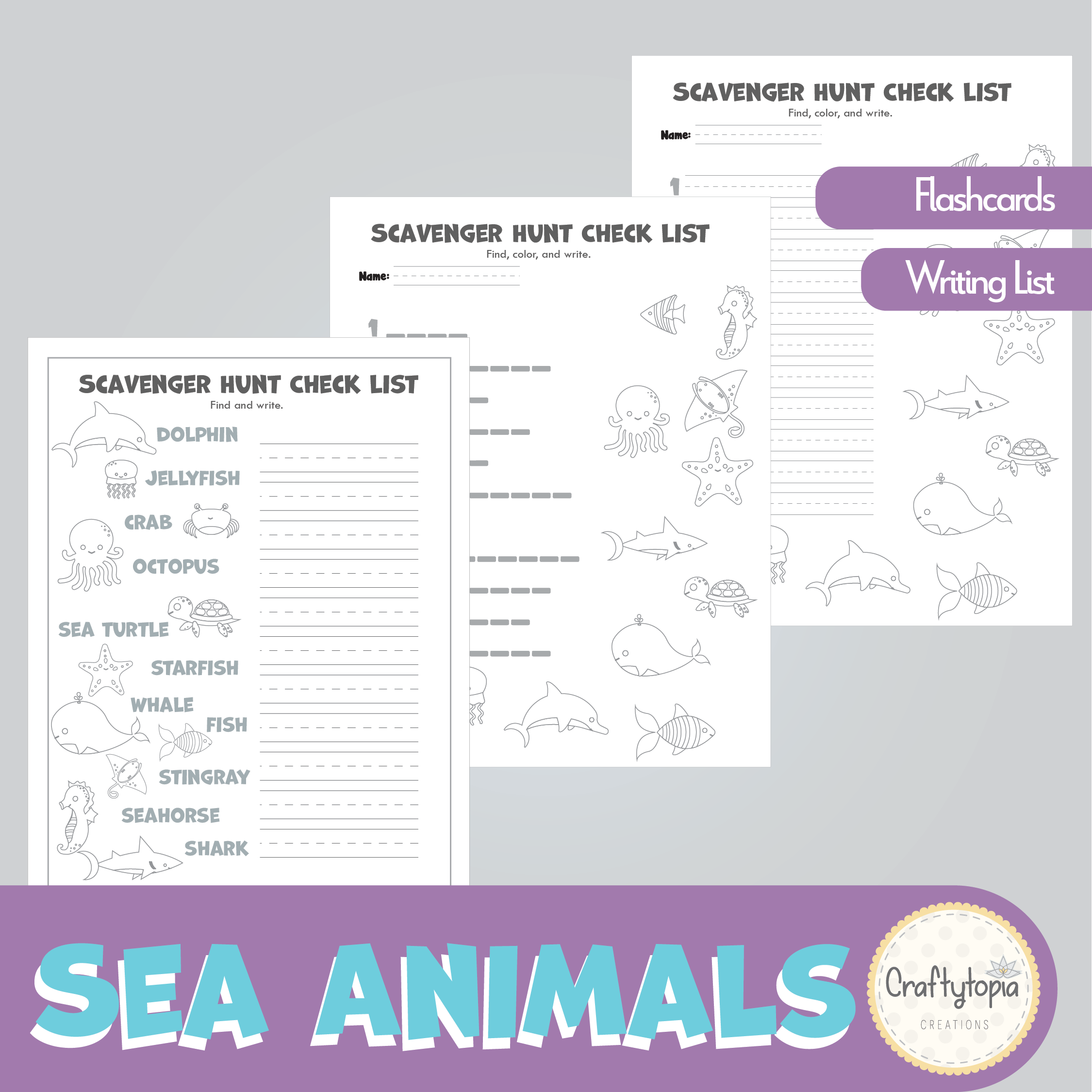 Printable Sea Animals and Mermaids Flashcards Scavenger Hunt Kids Activity for coloring