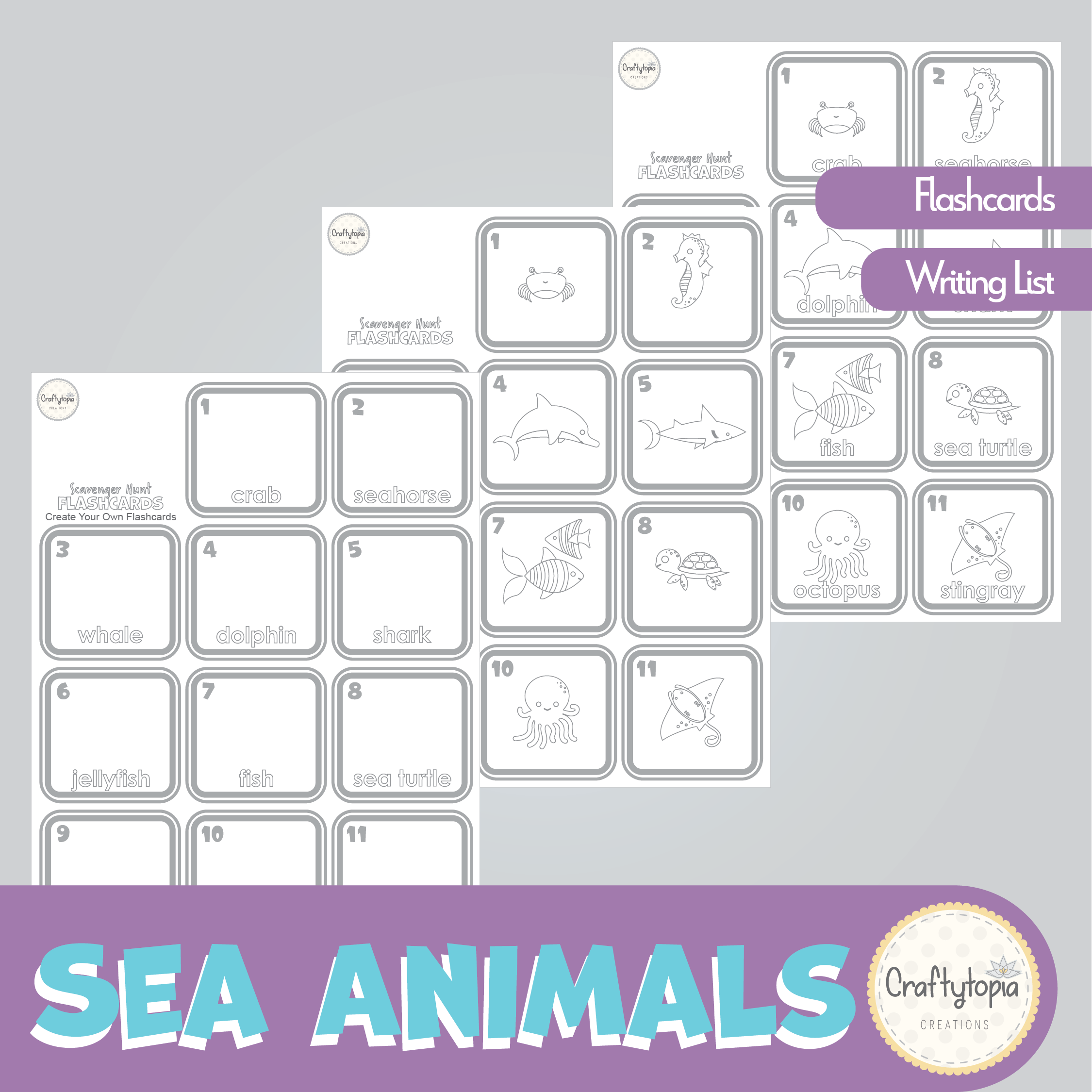 Printable Sea Animals and Mermaids Flashcards Scavenger Hunt Kids Activity for coloring
