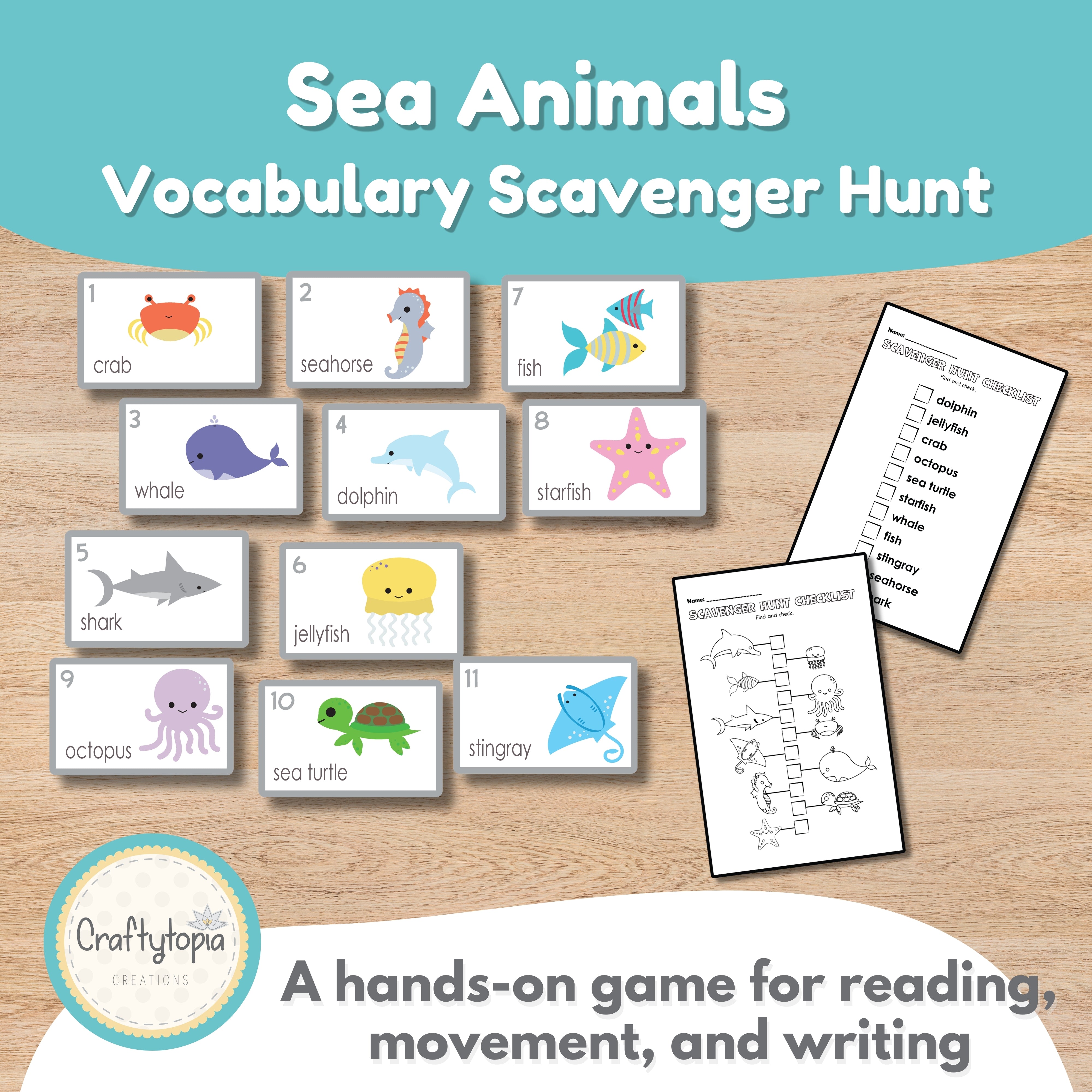 Sea animals vocabulary scavenger hunt printable