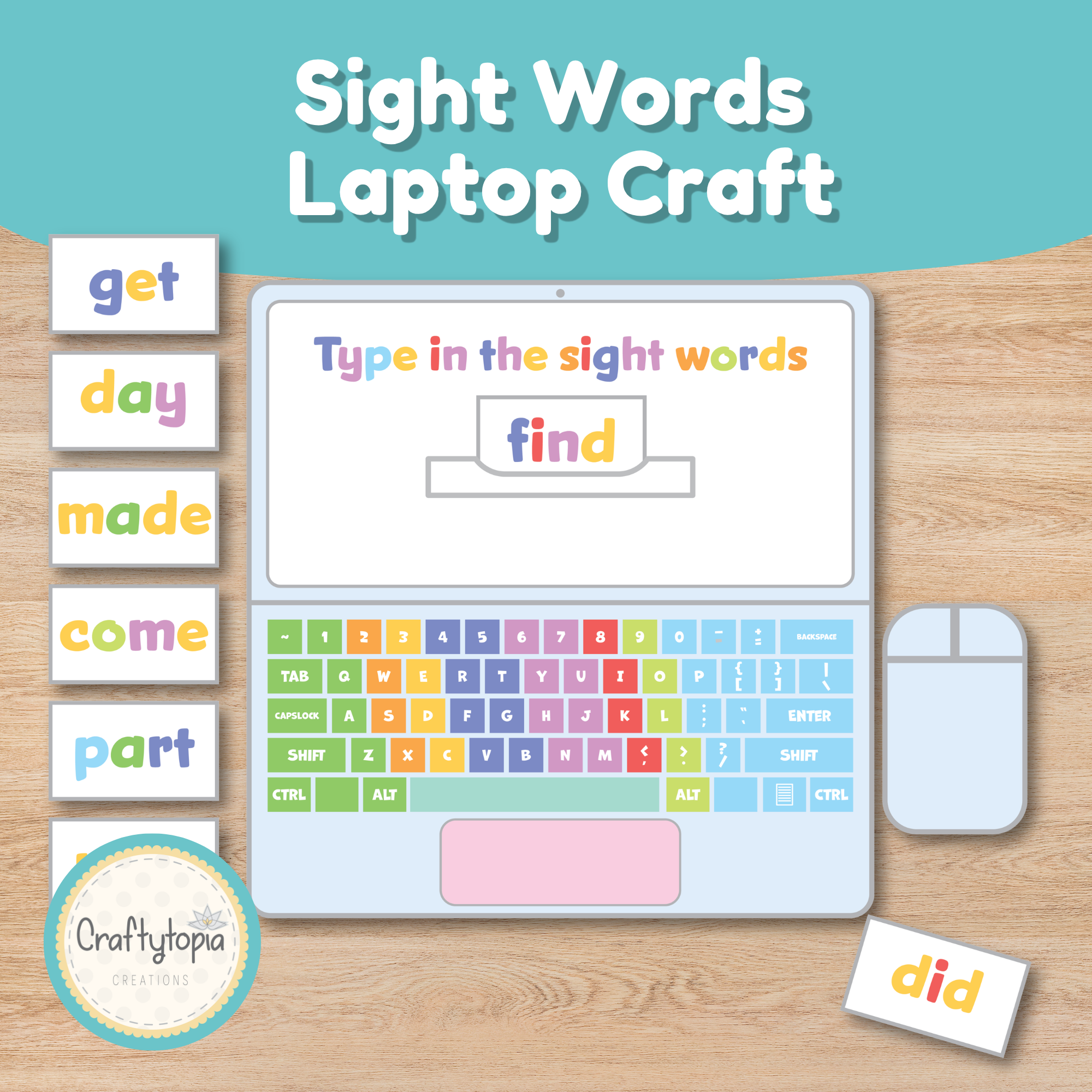 Sight words laptop craft printable for kids with colorful keyboard and sight word flash cards Craftytopia