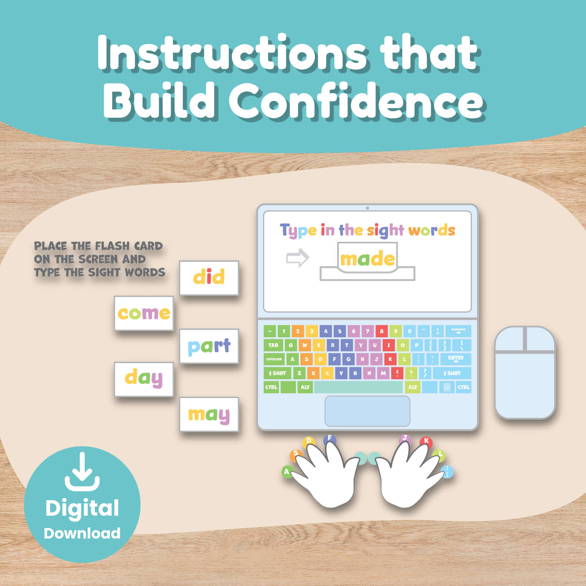 Instructions for sight words laptop craft — place flash card on screen and type the sight words digital download