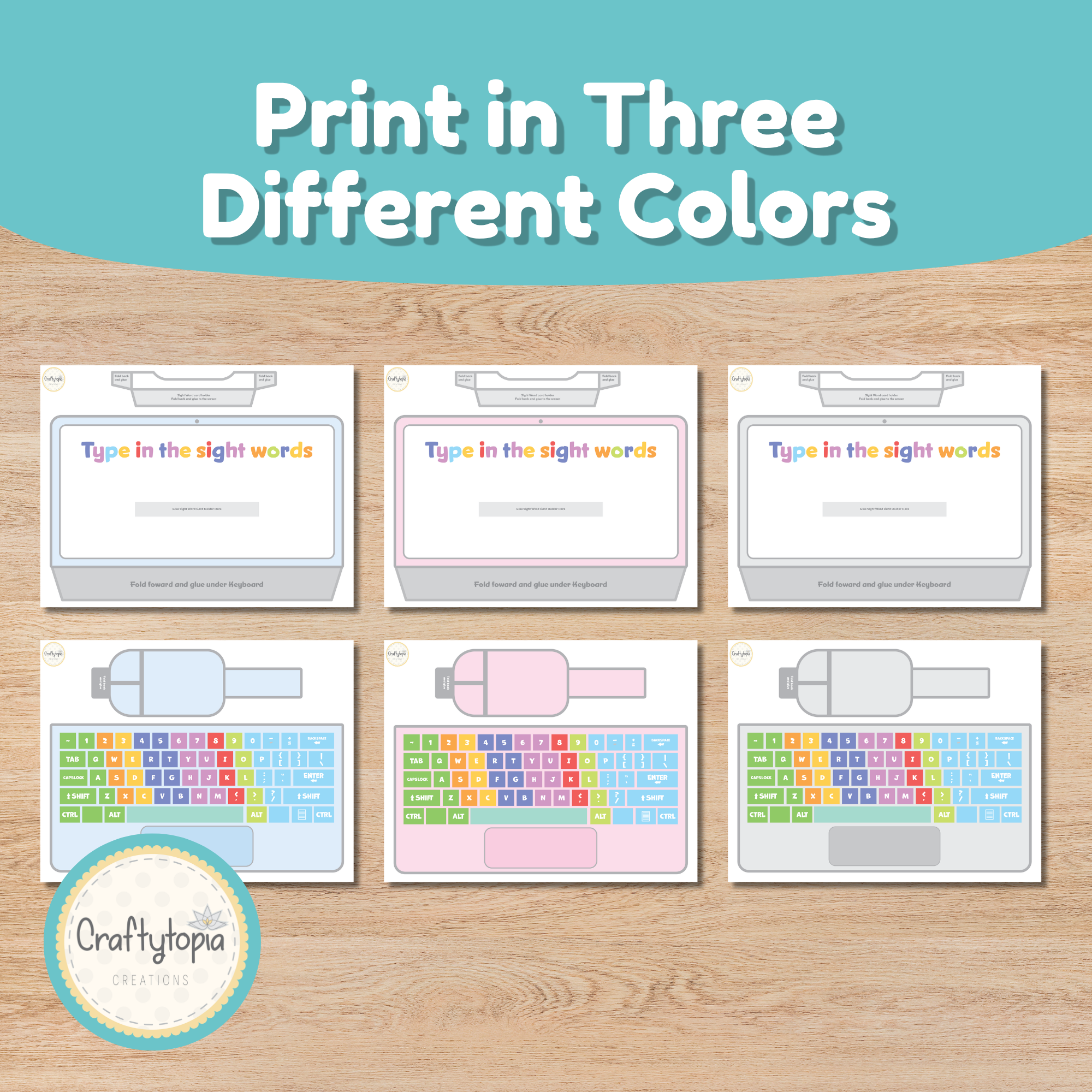 Sight words laptop craft printable in three color options — blue pink and grey versions for kids Craftytopia
