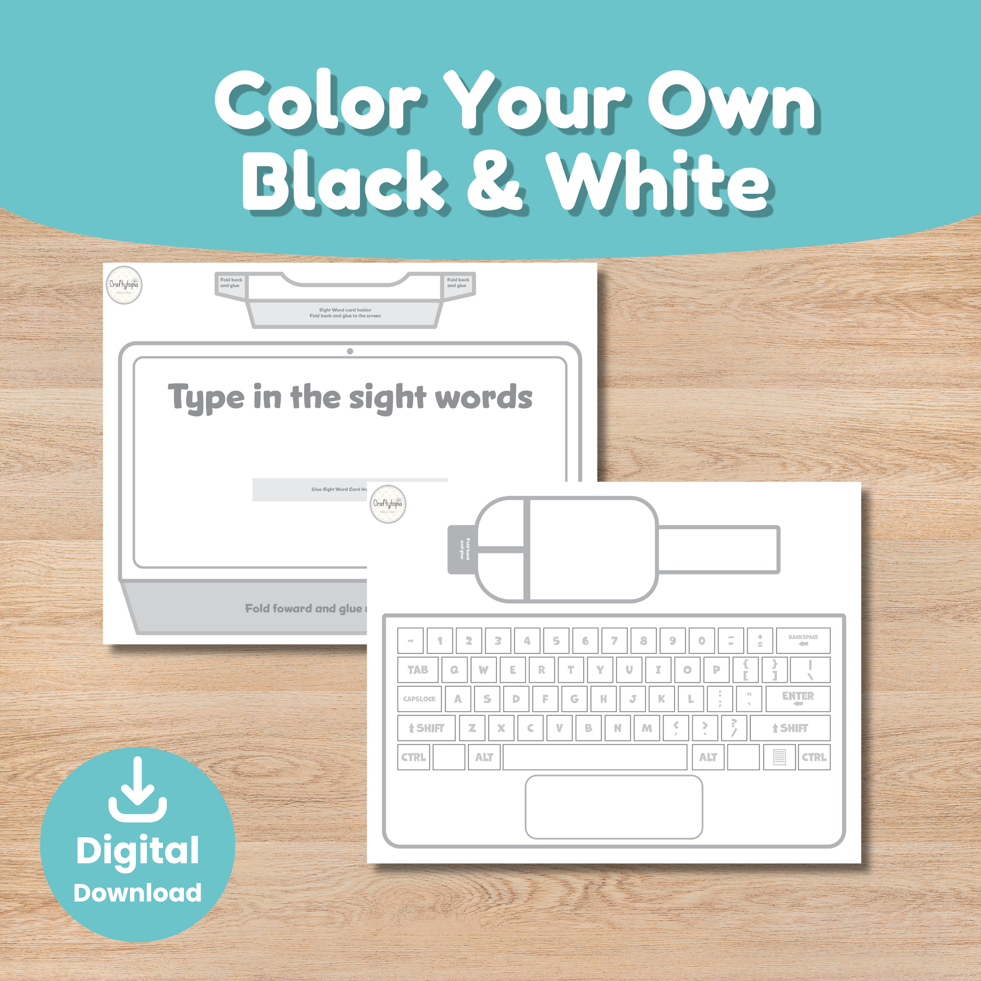 Sight words laptop craft black and white coloring version — color your own printable for kids Craftytopia
