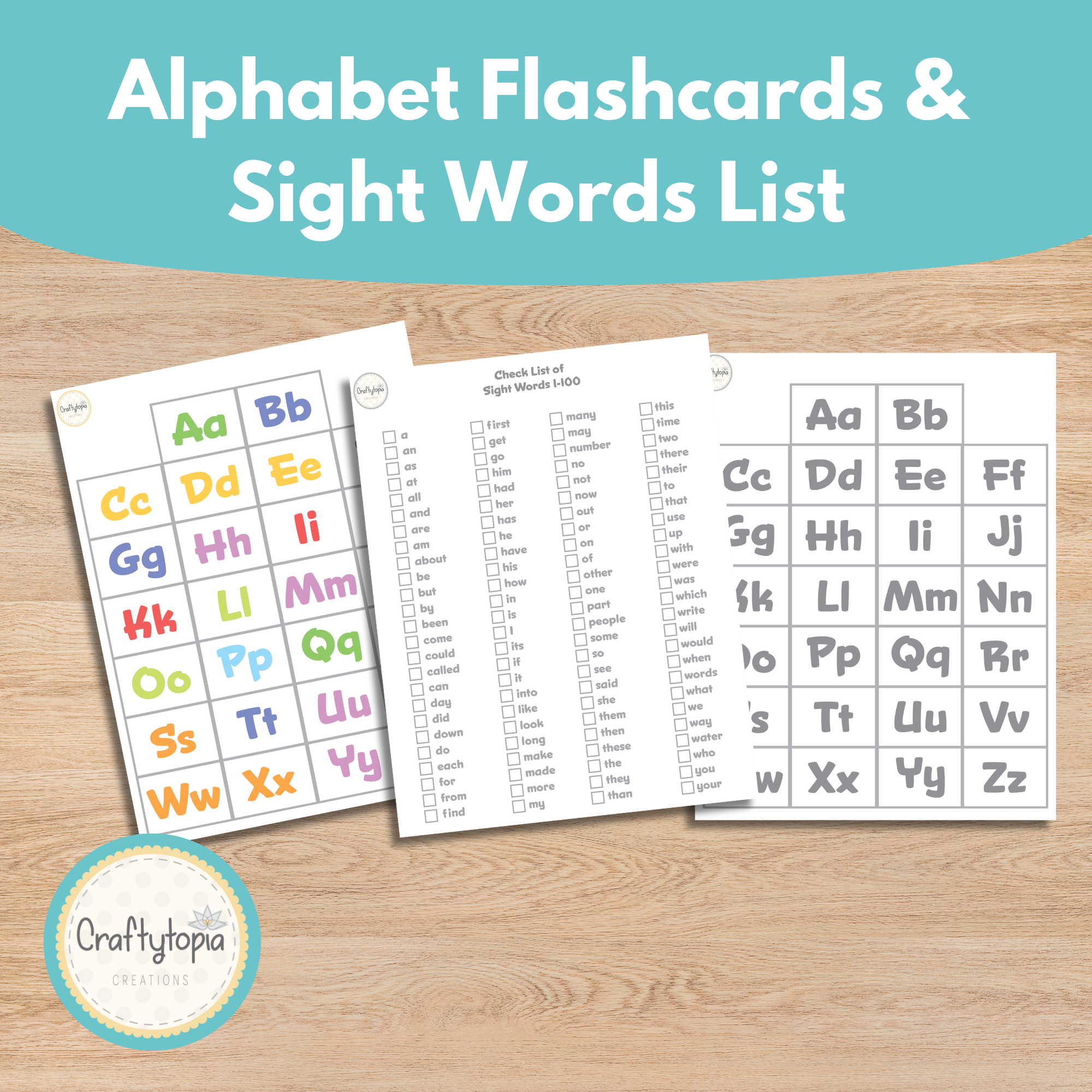 Alphabet flashcards and sight words 1-100 checklist included in printable laptop craft Craftytopia