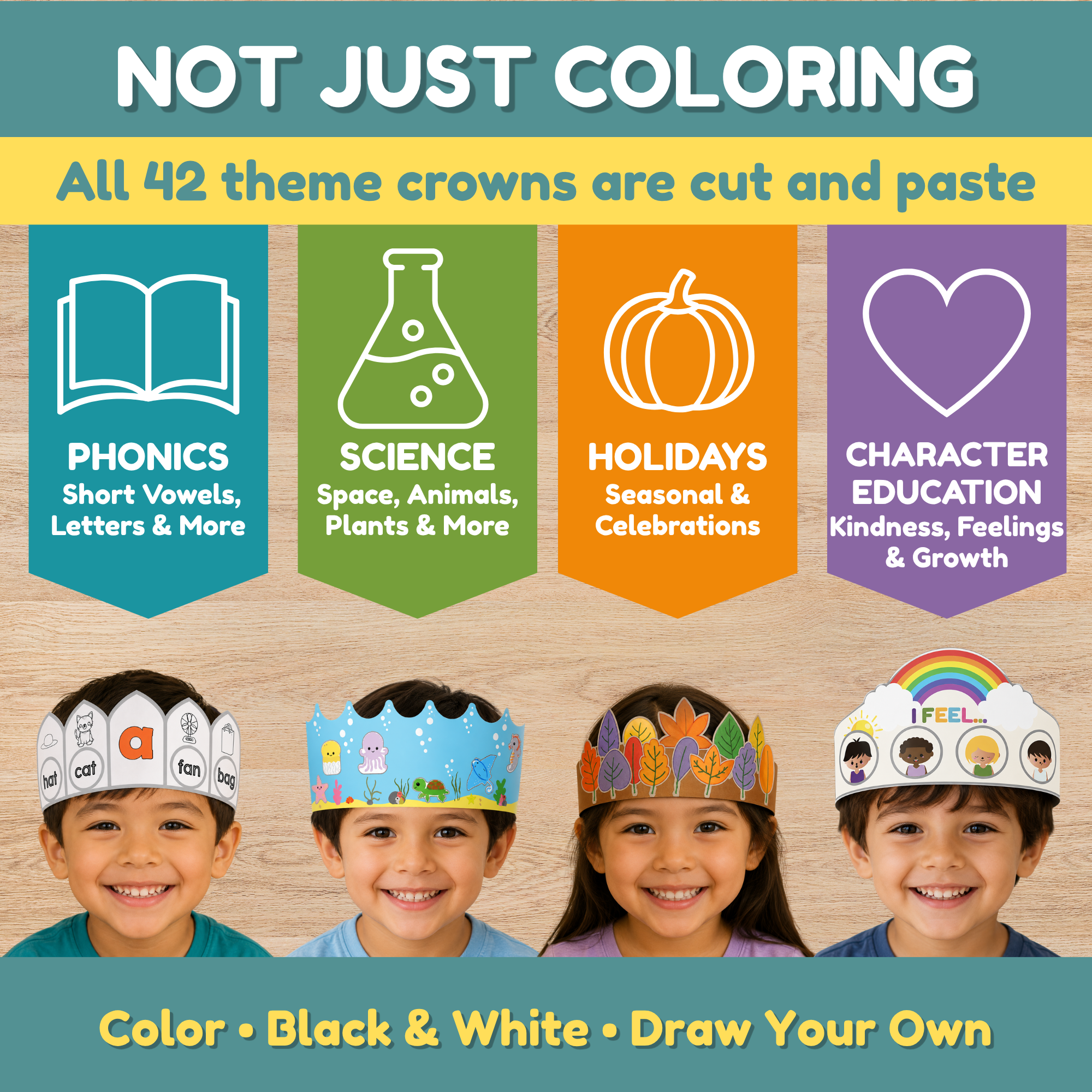 Printable cut and paste crown activities featuring phonics, science, holidays, and social emotional learning themes with children wearing finished crowns
