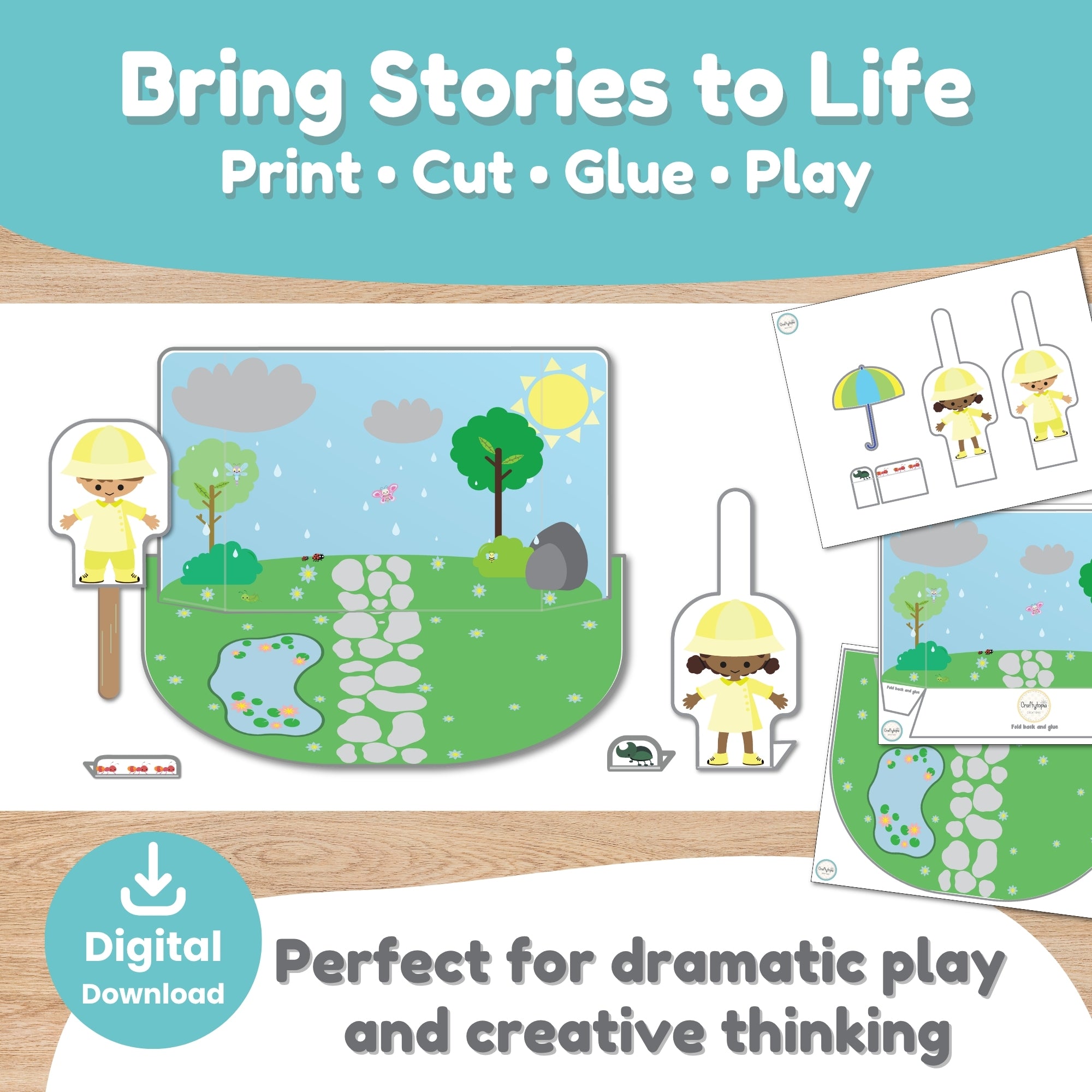 Spring rainy day printable scene and puppet craft color version for kids