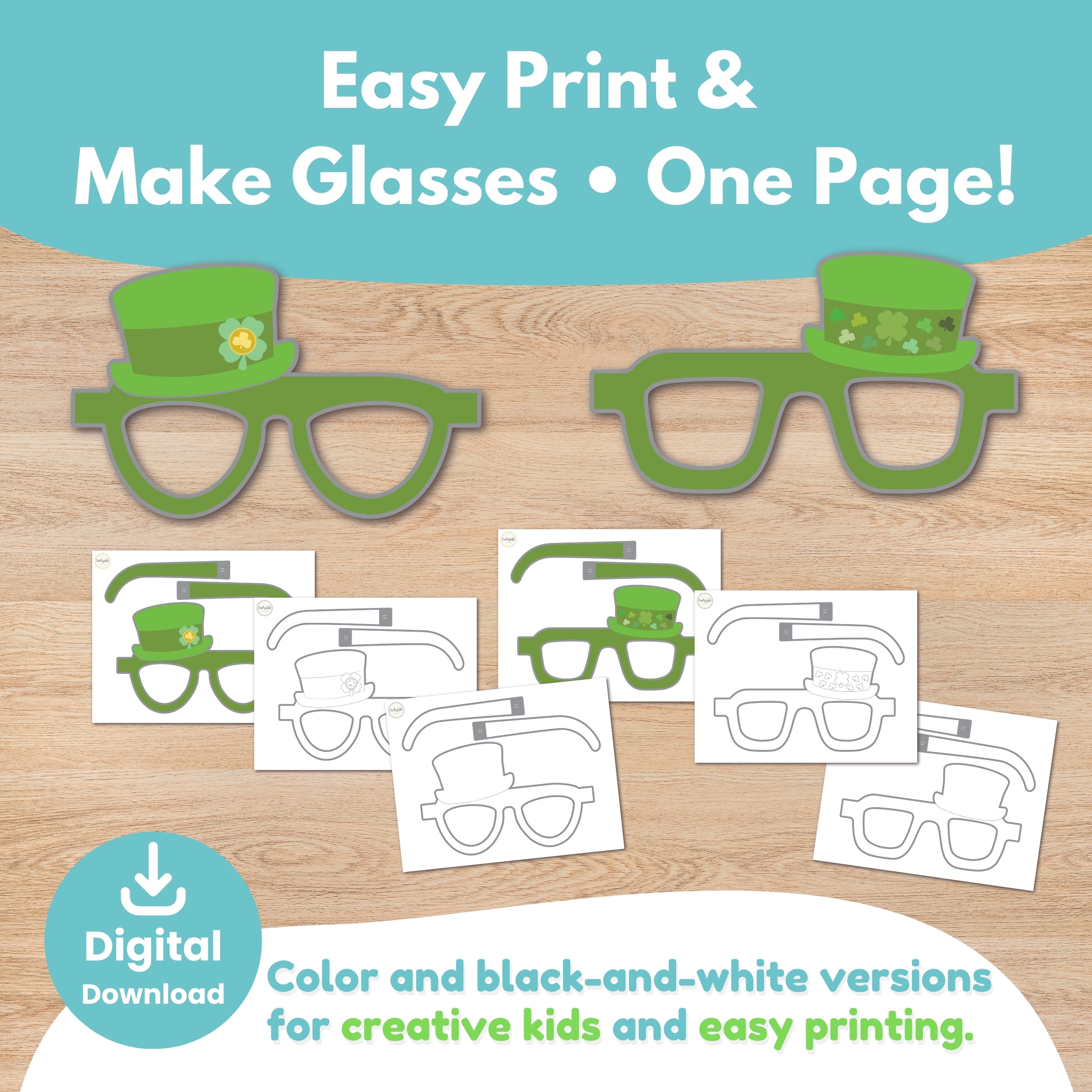 St. Patrick's Day glasses printable black and white version for kids to color