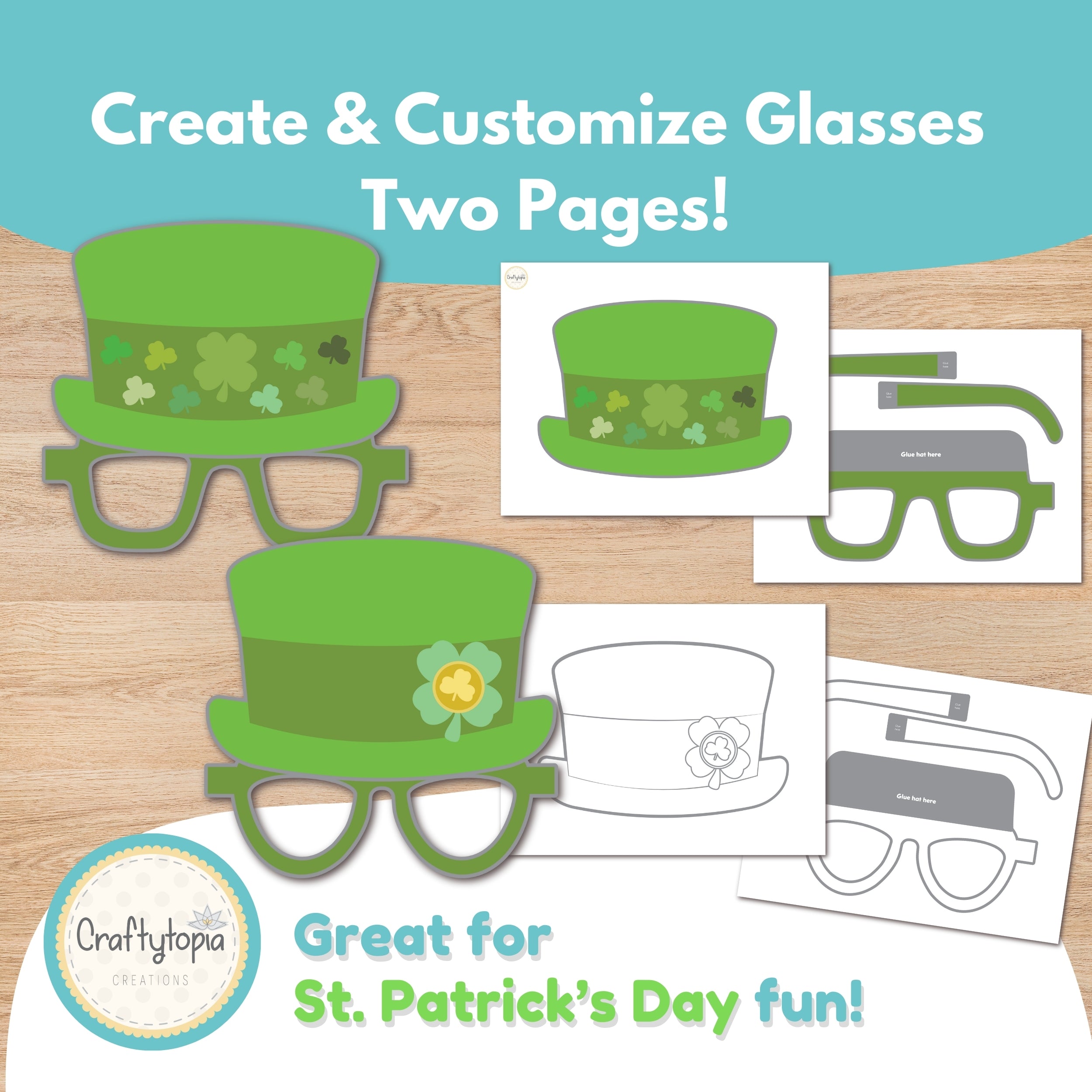 St. Patrick's Day giant shamrock glasses printable color version for kids Craftytopia