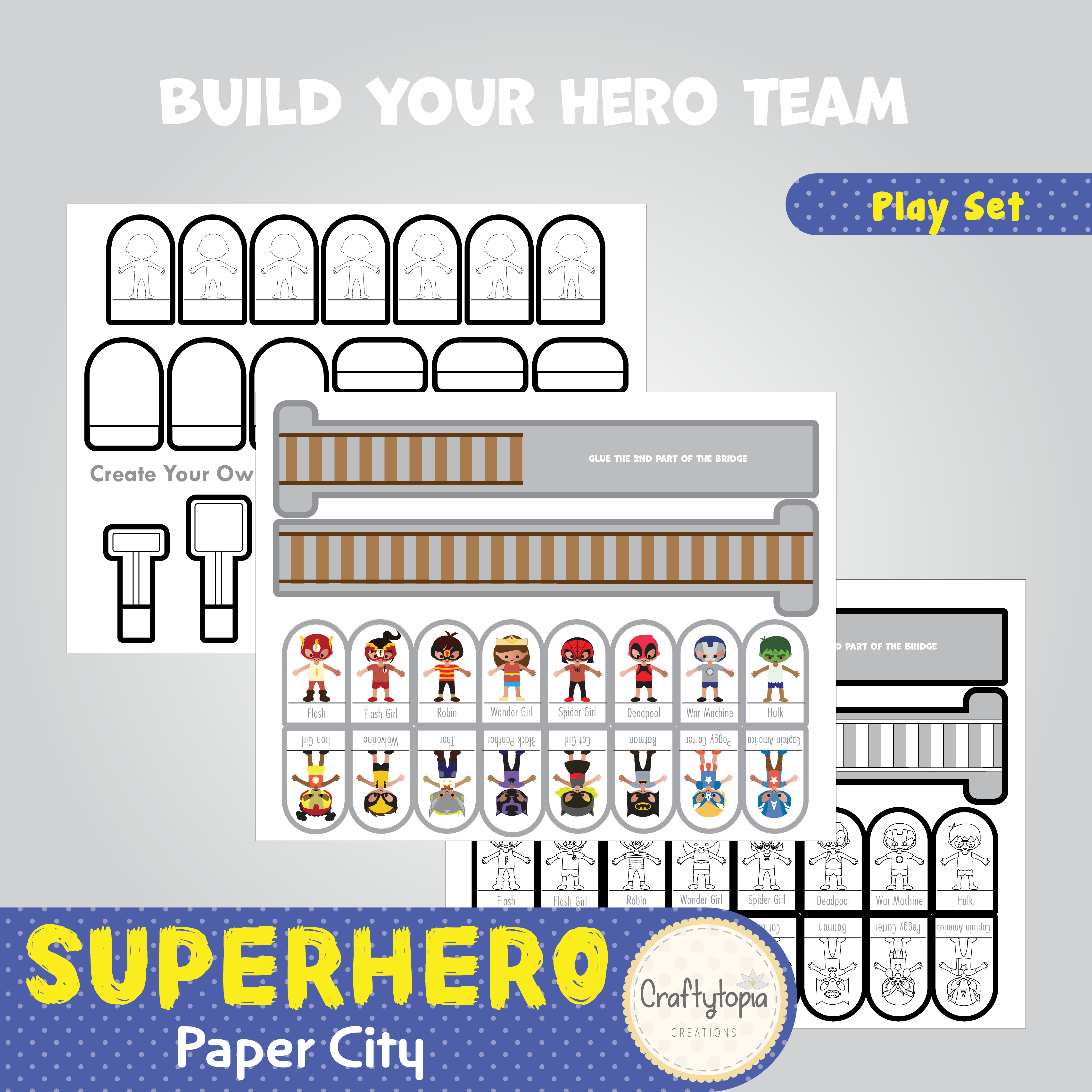 Printable 3D Superhero Paper City Puppets Scene Kids Activity for coloring