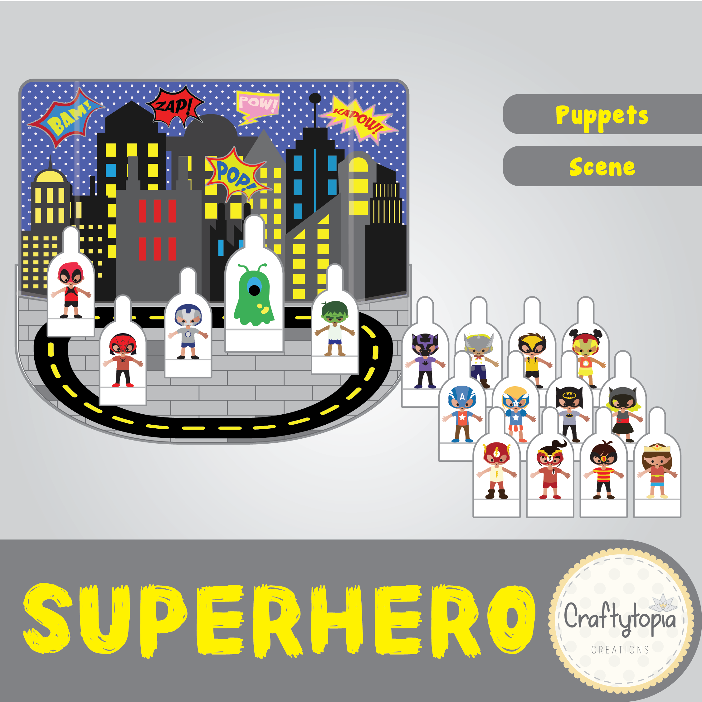 Printable Superhero Scene and Puppets Kids Storytelling Activity