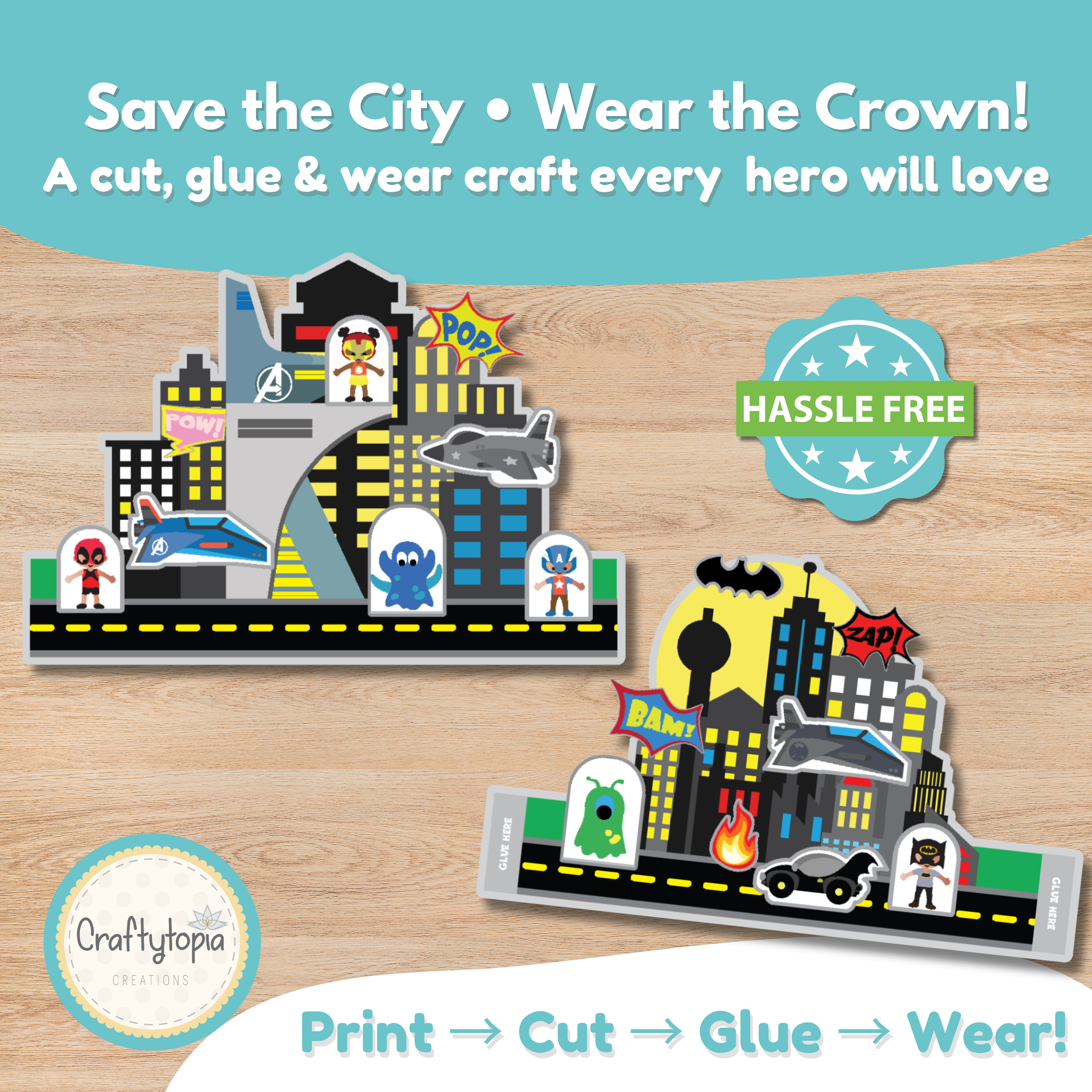 Printable Superhero Crown Craft for Kids | Cut and Paste Activity Craftytopia.com