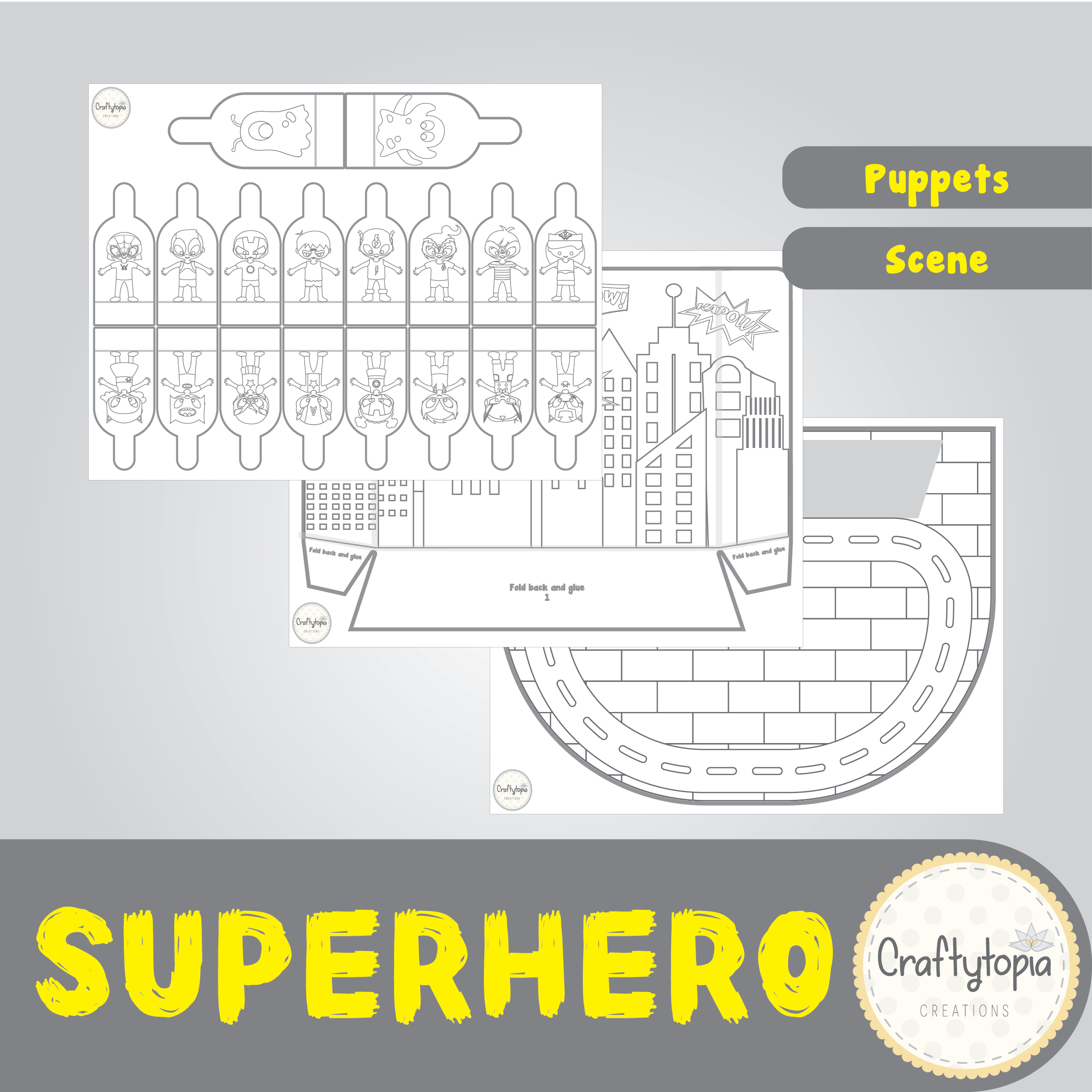 Printable Superhero Scene and Puppets Kids Storytelling Activity for coloring