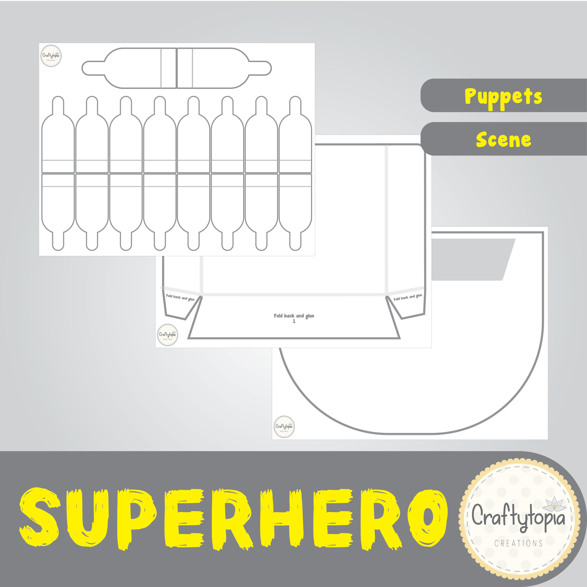 Printable Superhero Scene and Puppets Kids Storytelling Activity for coloring