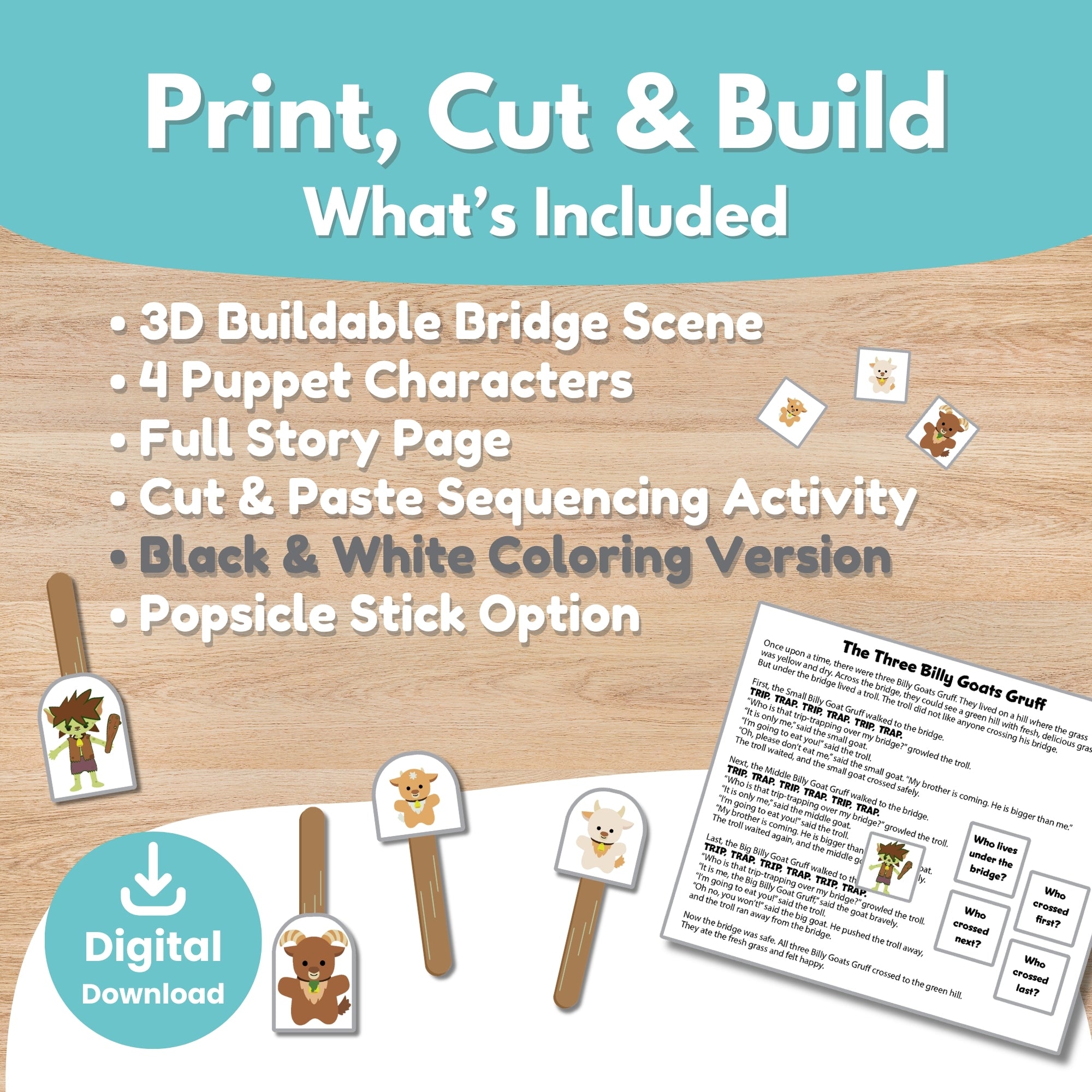 Three Billy Goats Gruff Printable Craft and Puppet Scene