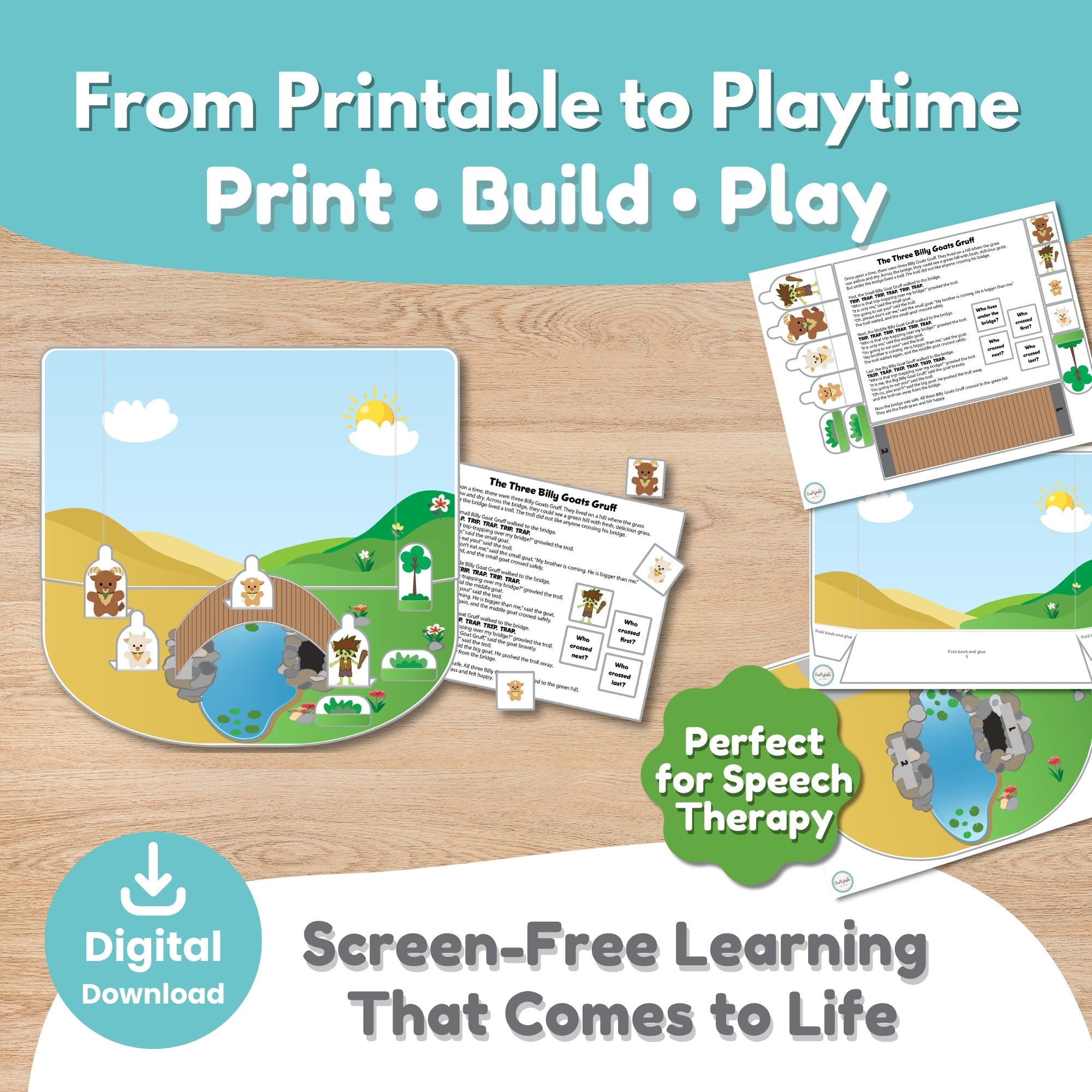 Three Billy Goats Gruff Printable Craft and Puppet Scene