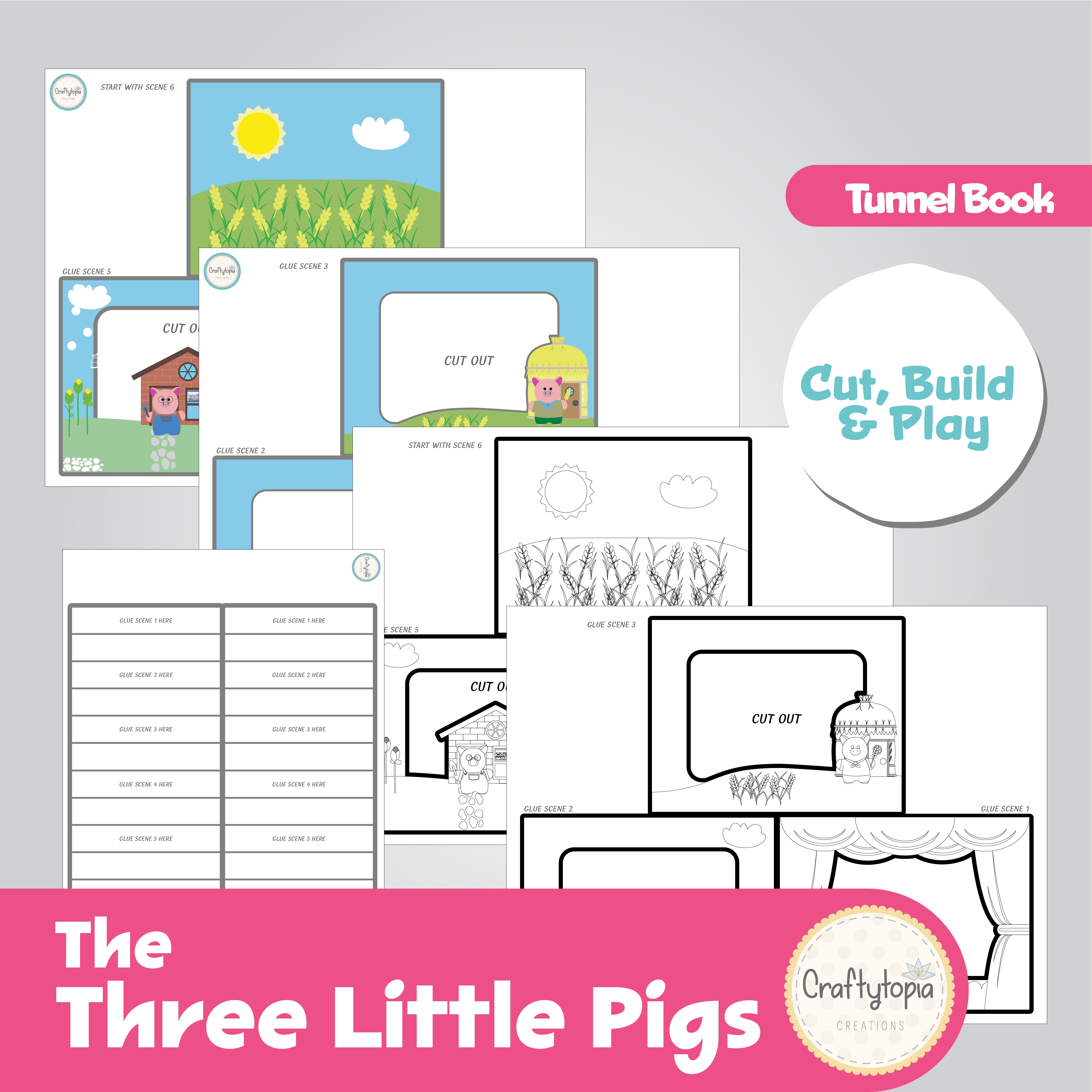 Printable Three Little Pigs Tunnel Book 3D Kids Craft for coloring
