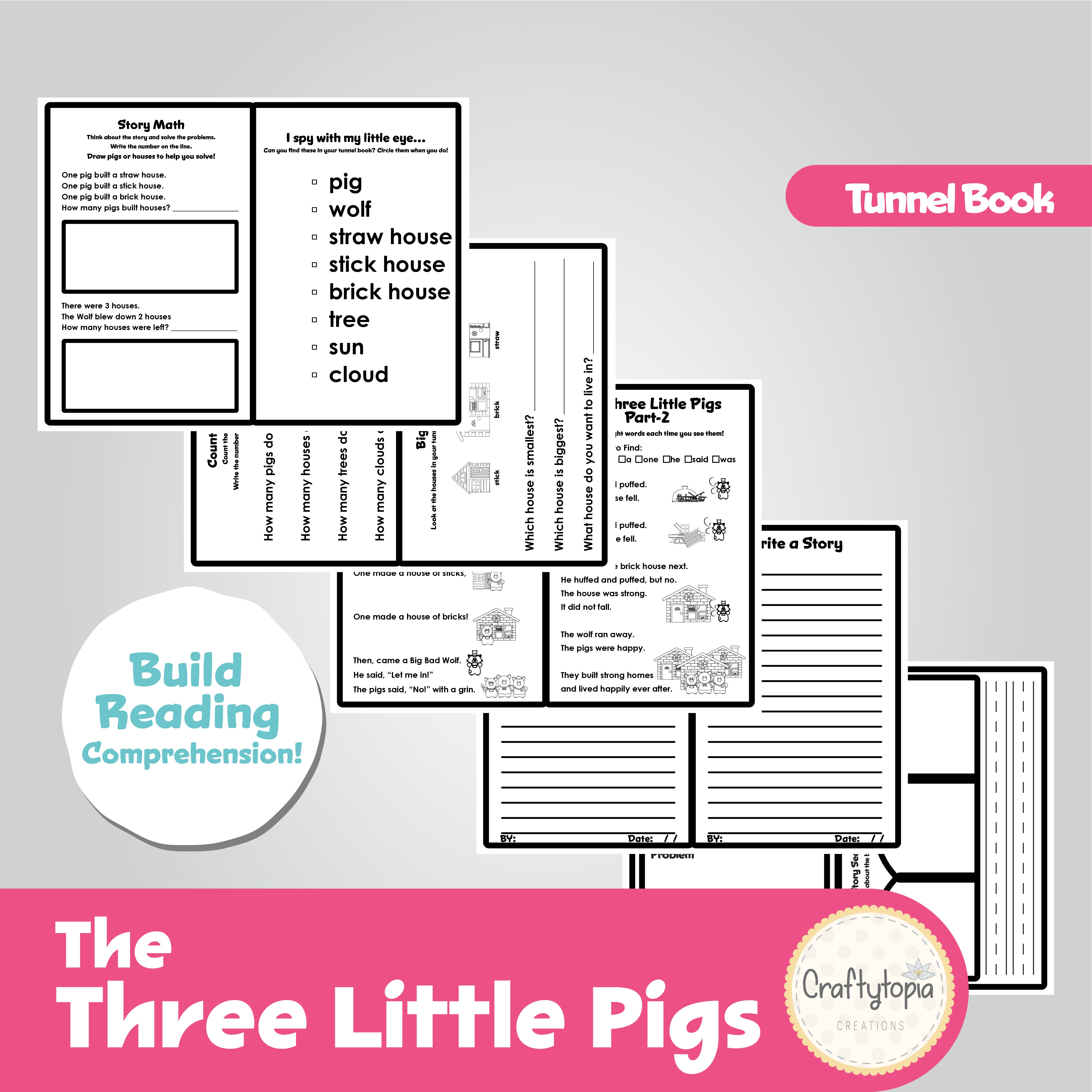 Printable Three Little Pigs Tunnel Book 3D Kids Craft Math, Reading, Writing Activities