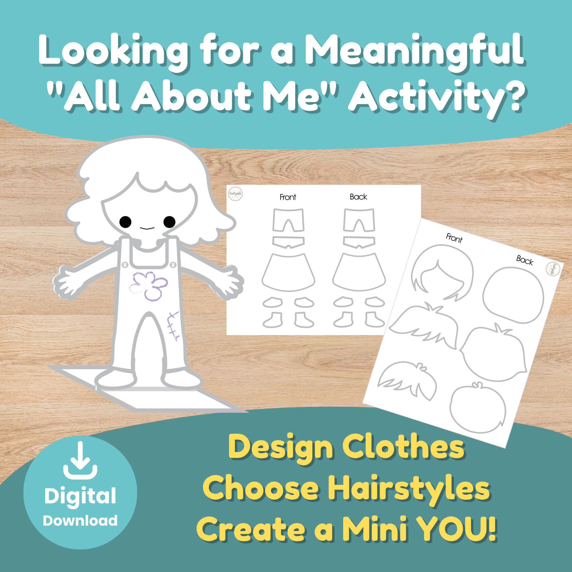 All About Me puppet craft printable with cut-and-paste clothing, hairstyles, and character customization pieces. Creative SEL activity that helps children build confidence and celebrate individuality.